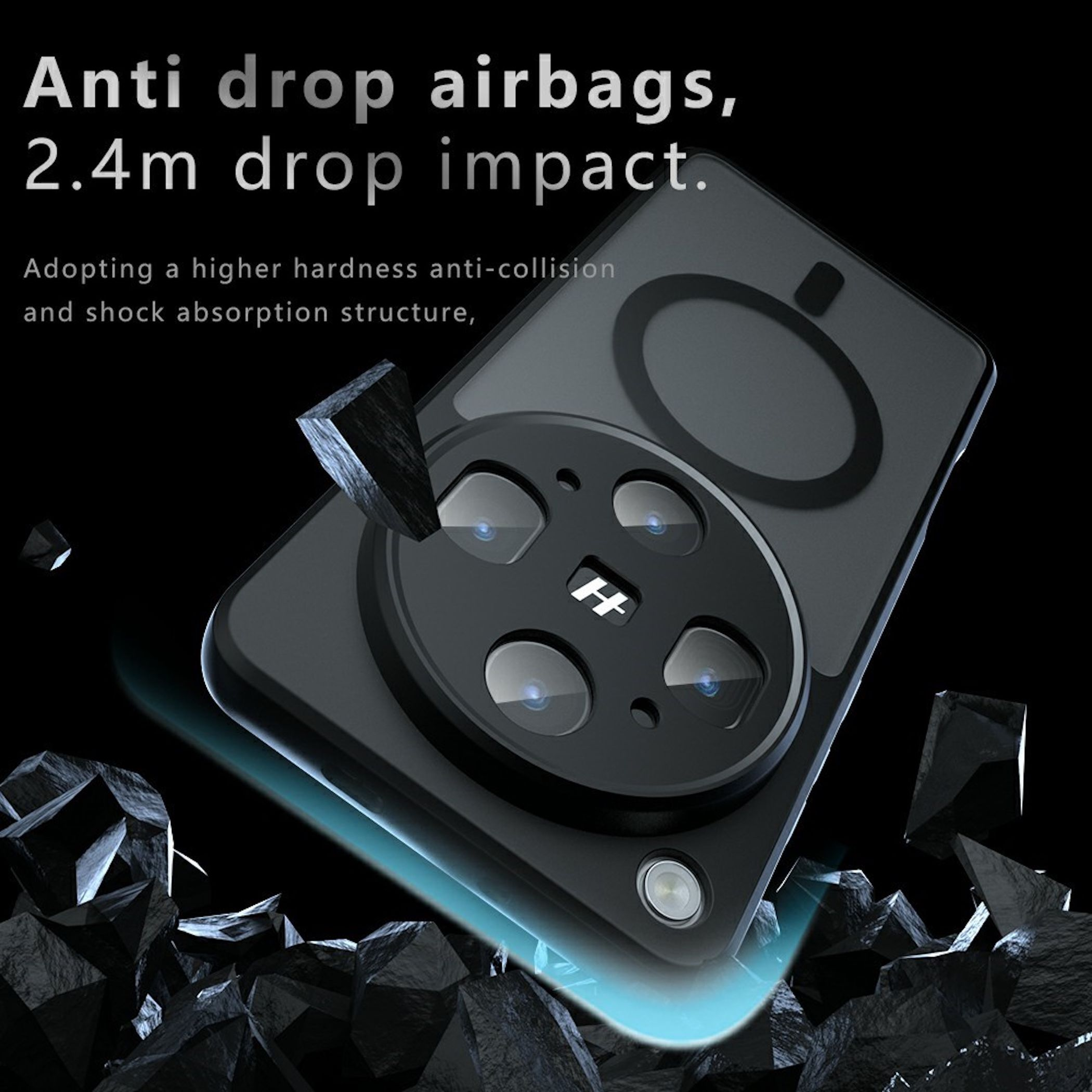 Teléfono negro con lentes de cámara sobre fondo irregular. Resistente a impactos.