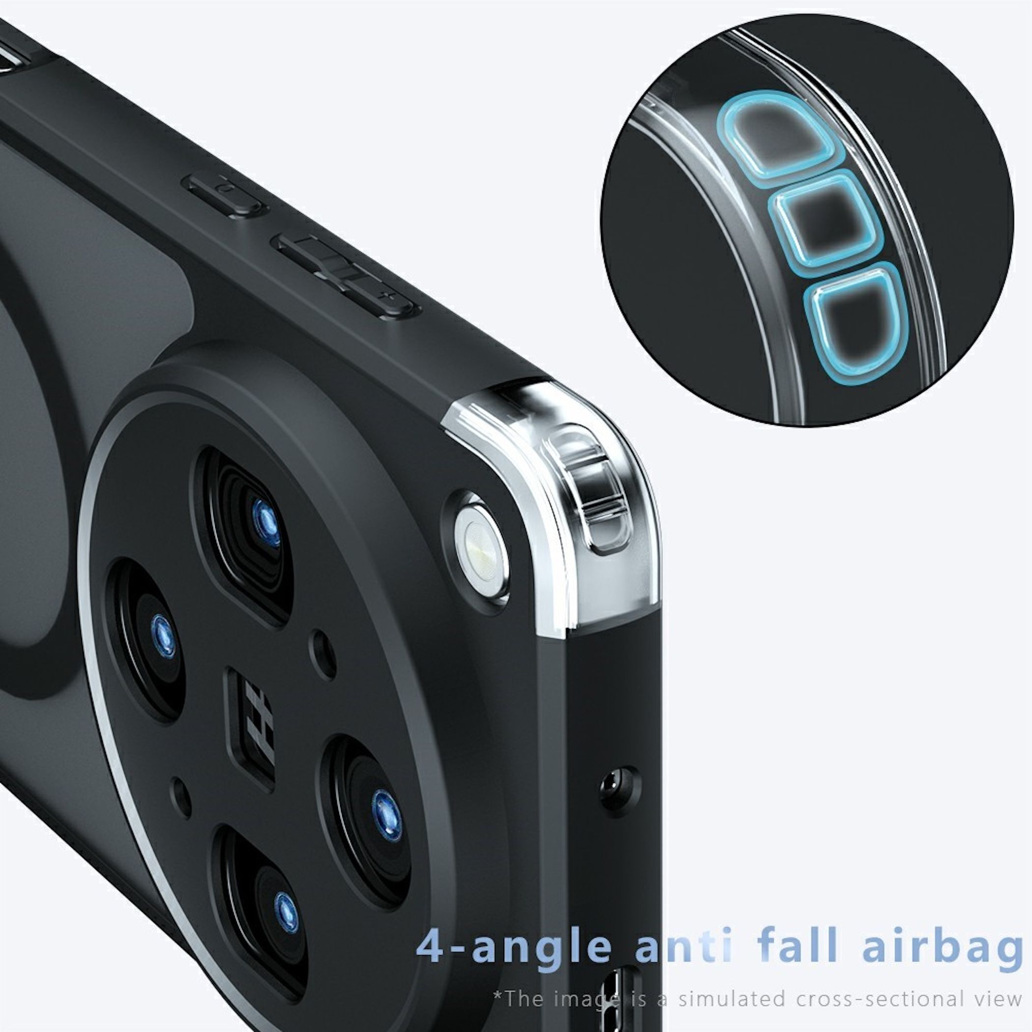 Un teléfono negro con múltiples cámaras y una funda protectora transparente.