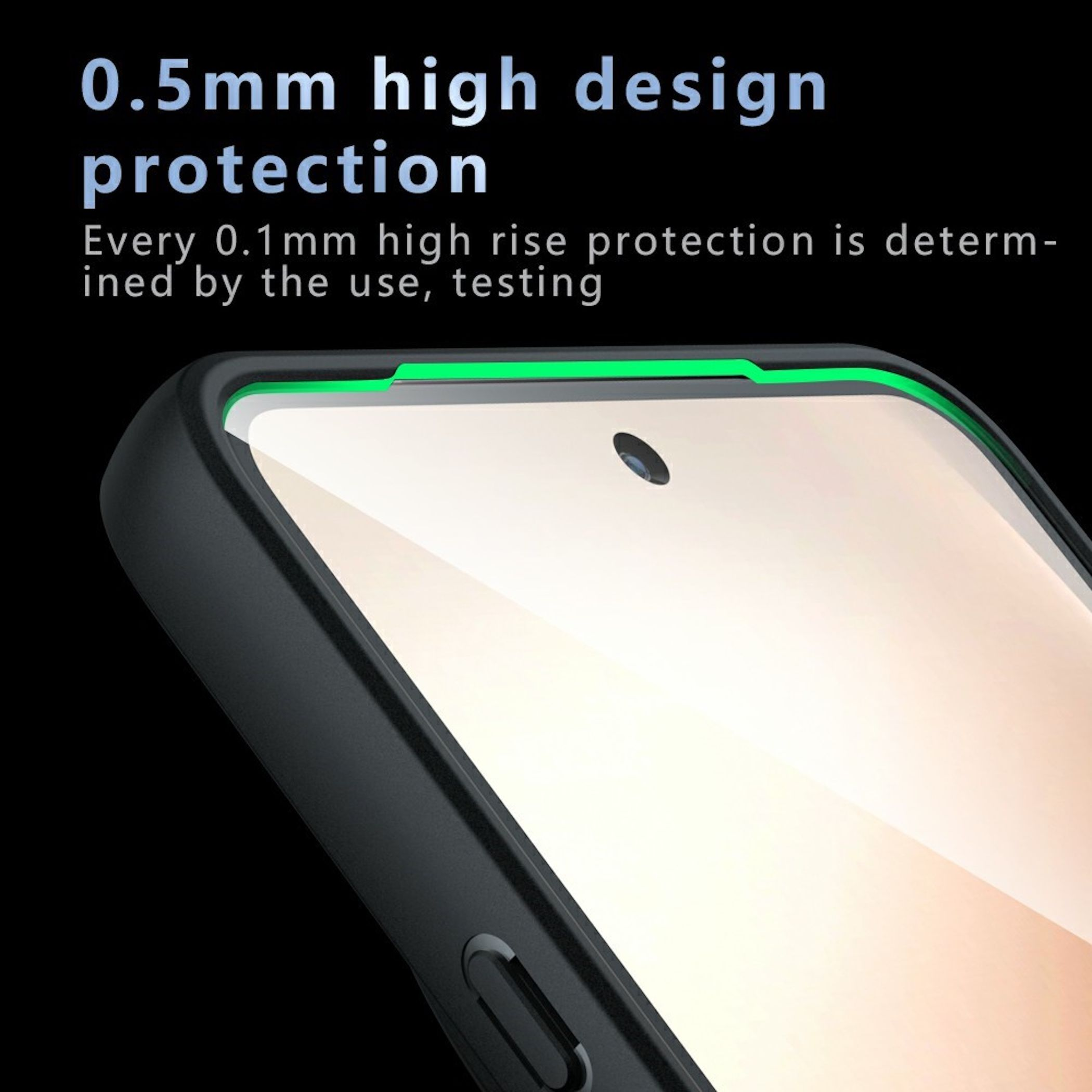 Funda negra para teléfono con borde verde. Texto al fondo.
