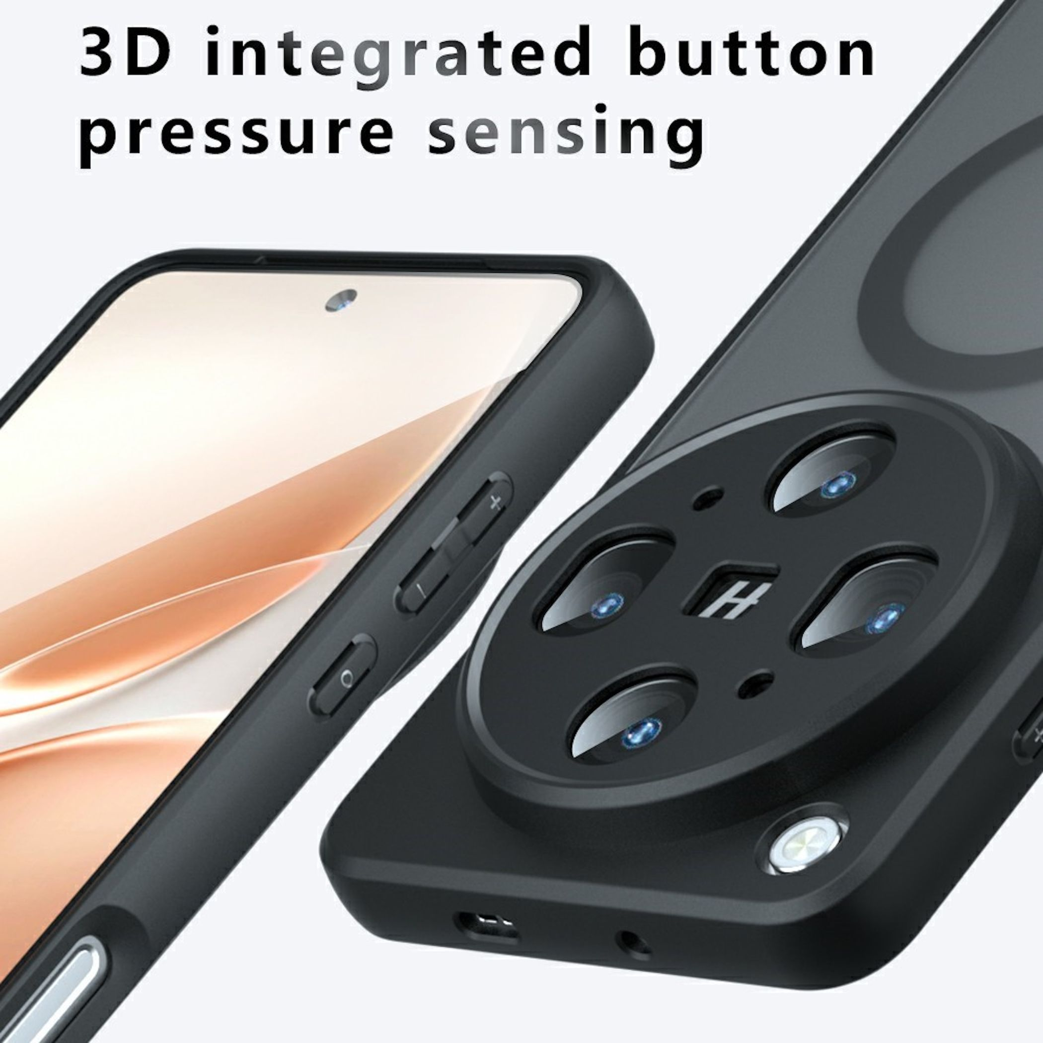 Primer plano de una funda negra para smartphone con botones integrados y cuatro lentes de cámara.