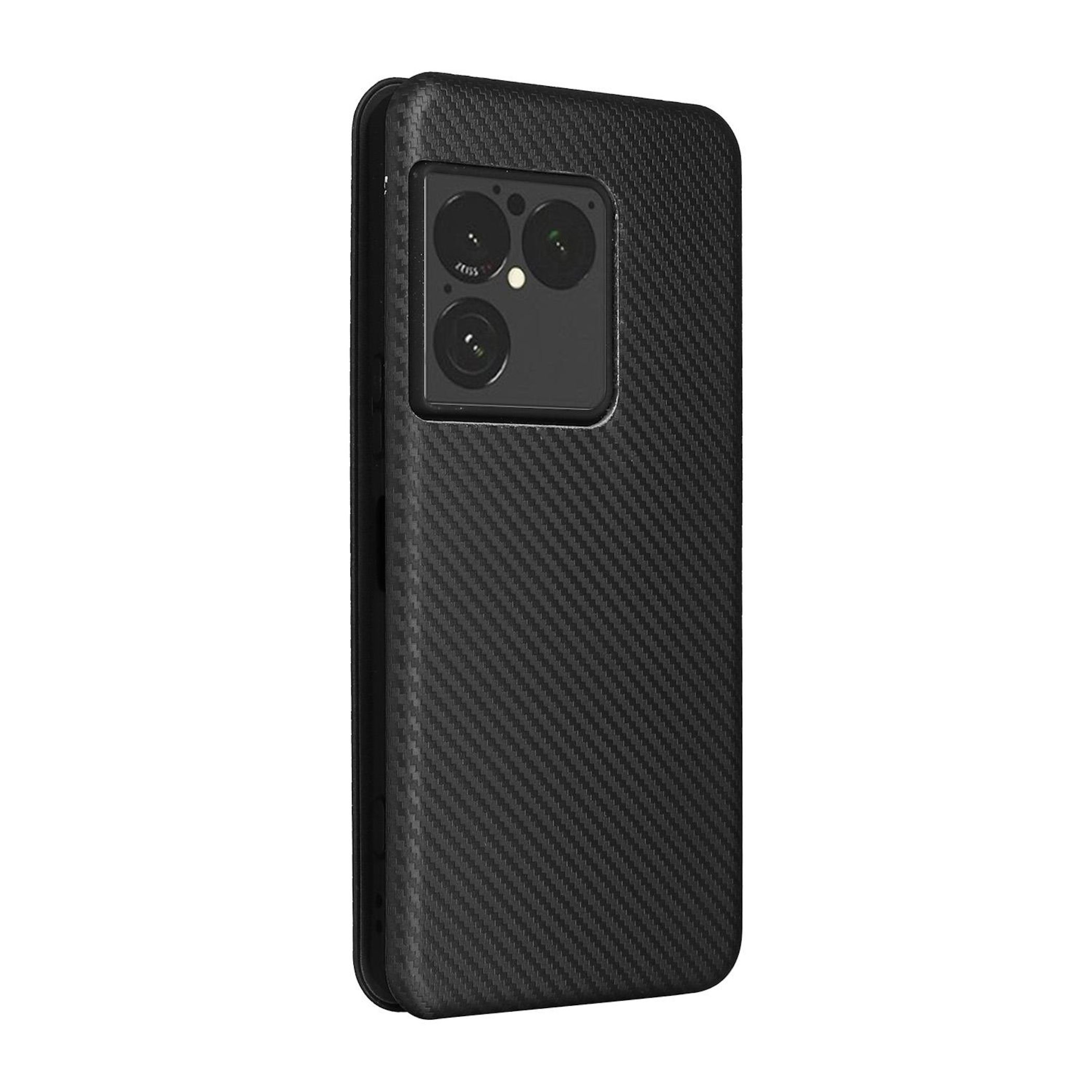 Schwarzes Handy mit Karbonfasermuster-Hülle und dreifacher Kamera.