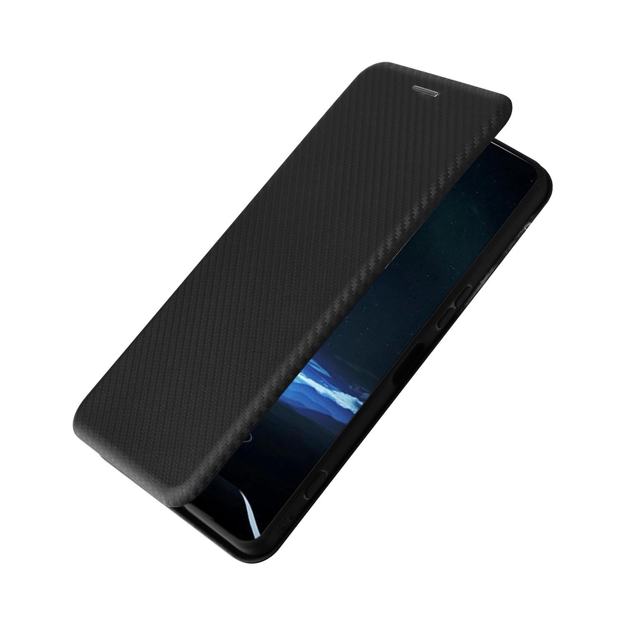 Schwarzes Handy mit offenem Klappcover, das einen Teil des Bildschirms zeigt.