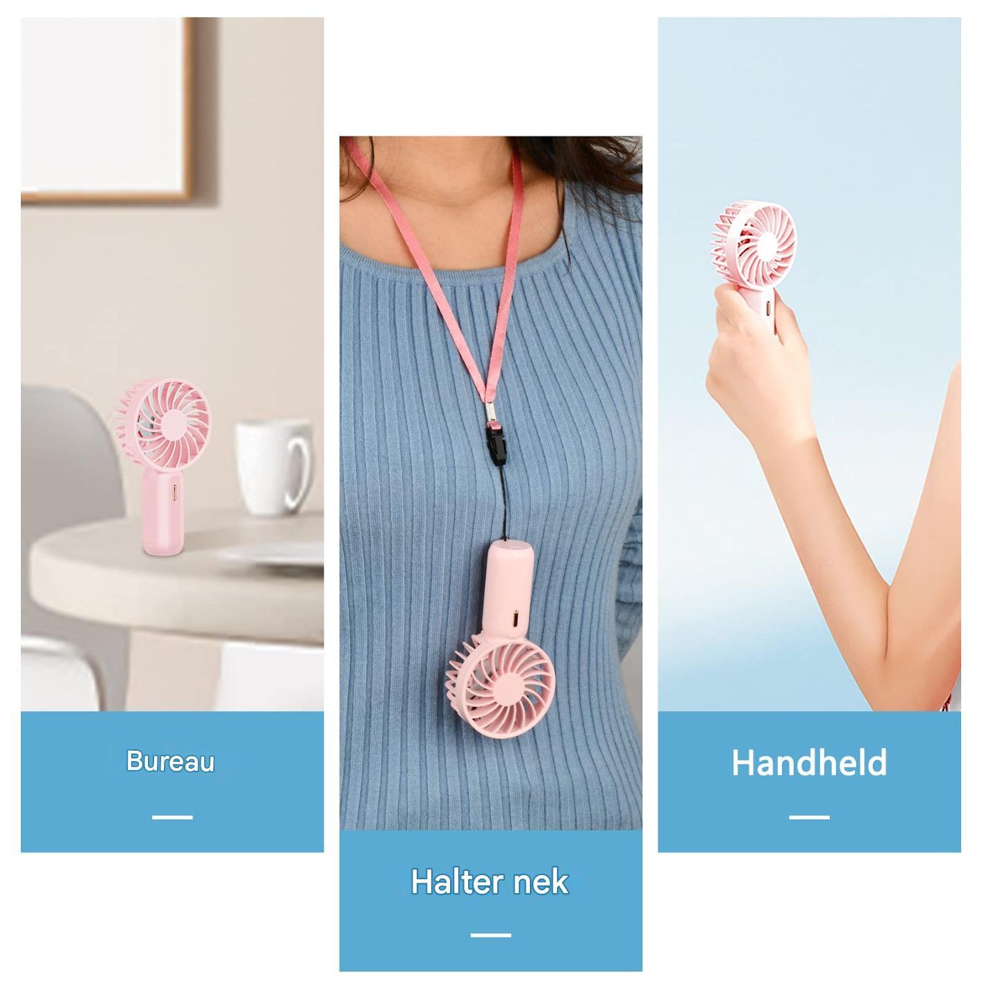 Ein rosa Ventilator auf einem Tisch, um den Hals getragen und in der Hand gehalten.