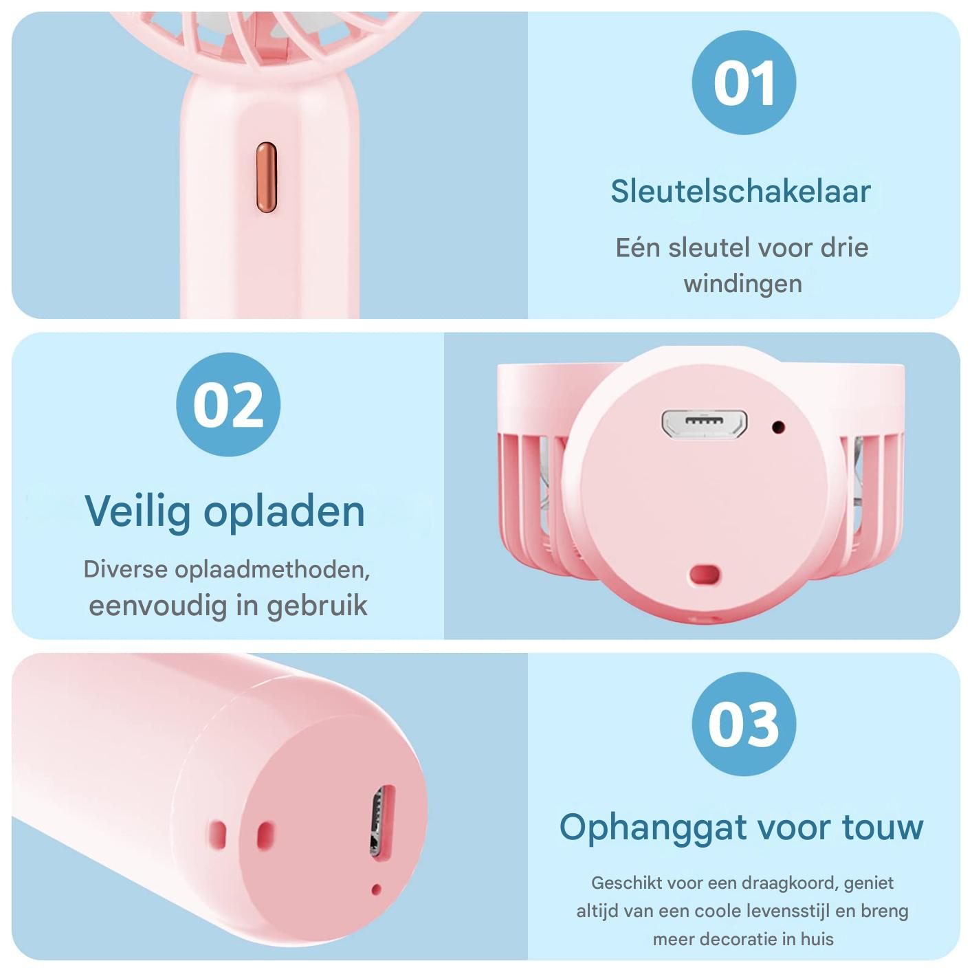 Ein pinker Ventilator mit Ladeanschluss und Aufhängeloch.