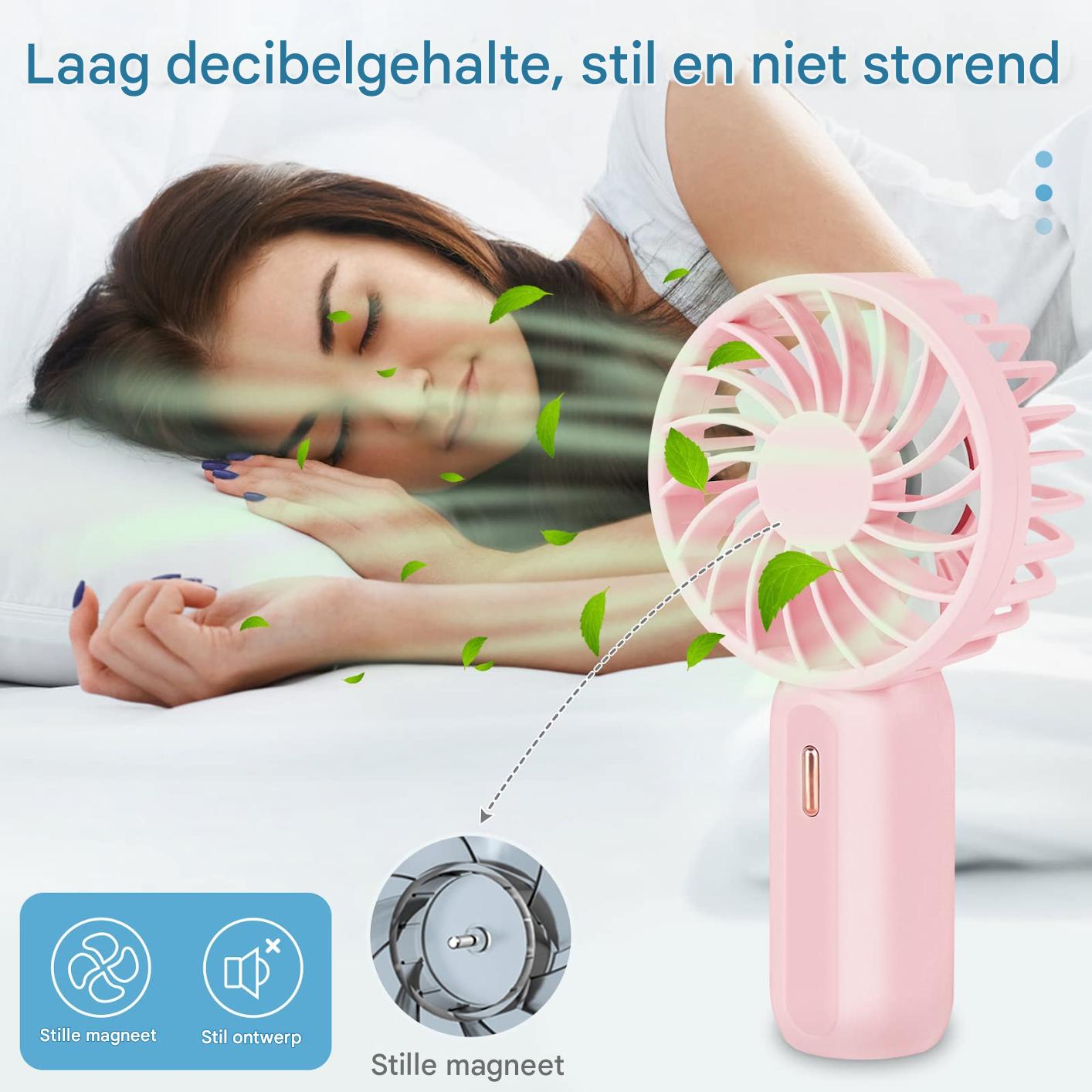 Eine Frau schläft, während ein kleiner rosa Ventilator auf sie gerichtet ist.