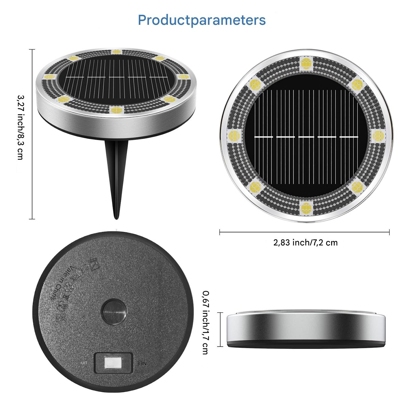 Produktparameter für eine Solarleuchte: Ansichten von oben, Seite, unten und vorne mit Maßen.