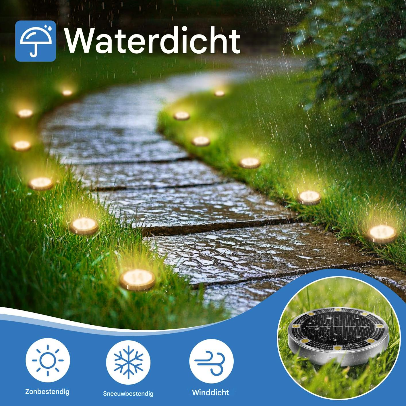 Wegbeleuchtung im Regen. Kleine Lichter säumen einen Steinweg.