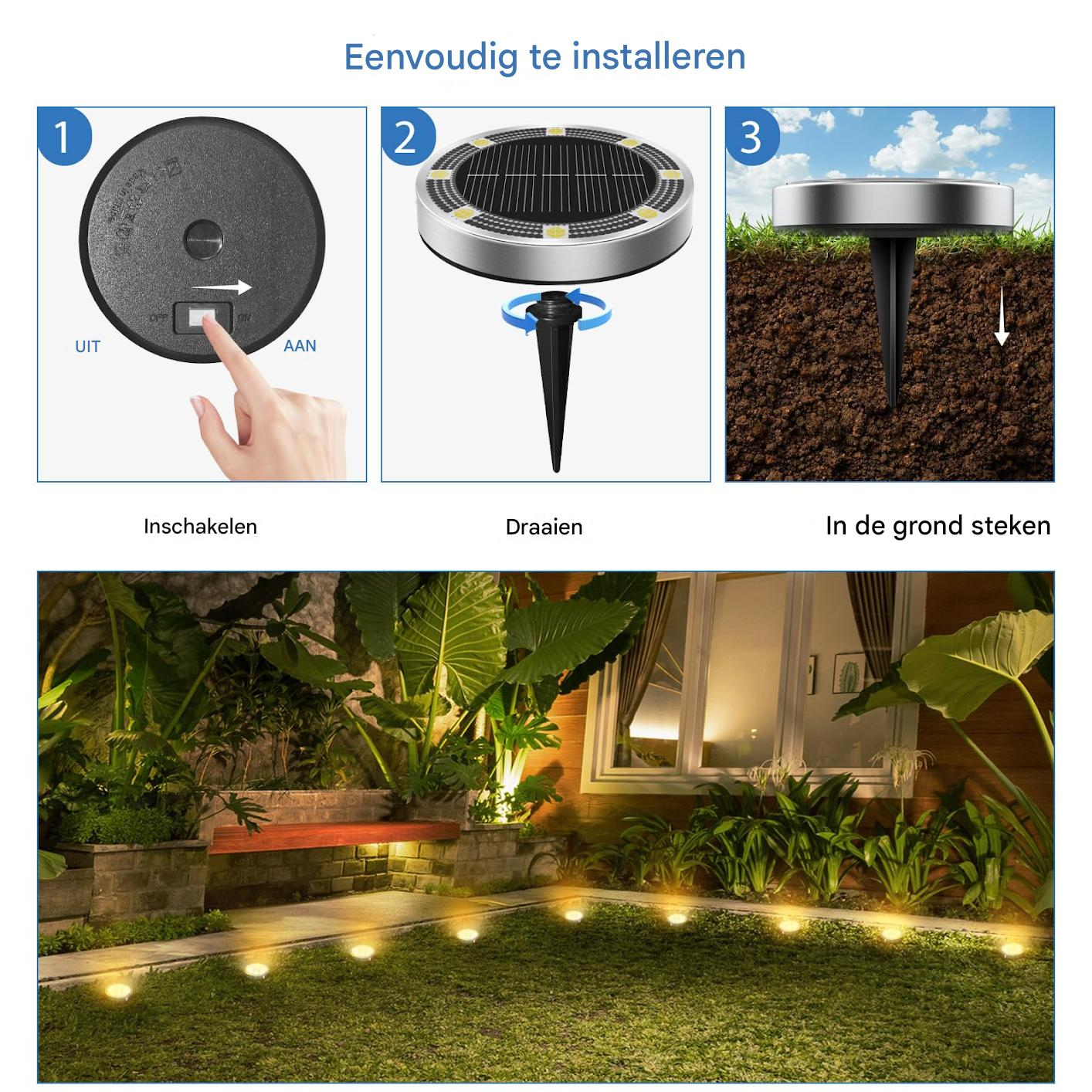 Anleitung zur Installation von Solarleuchten im Garten und ein beleuchteter Gartenweg.