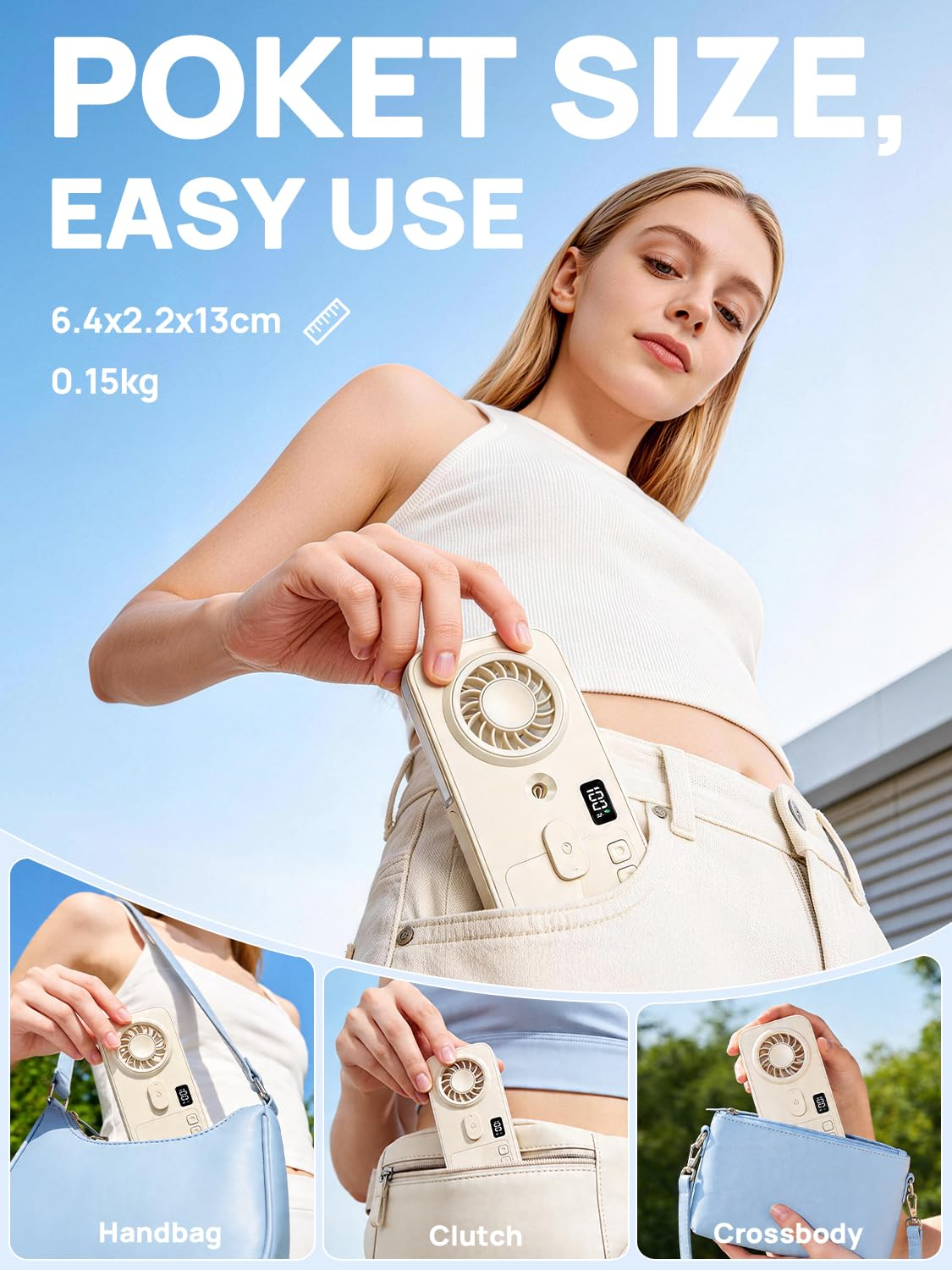 Tragbarer Ventilator in Beige, in einer Tasche, Handtasche, Clutch oder Umhängetasche.