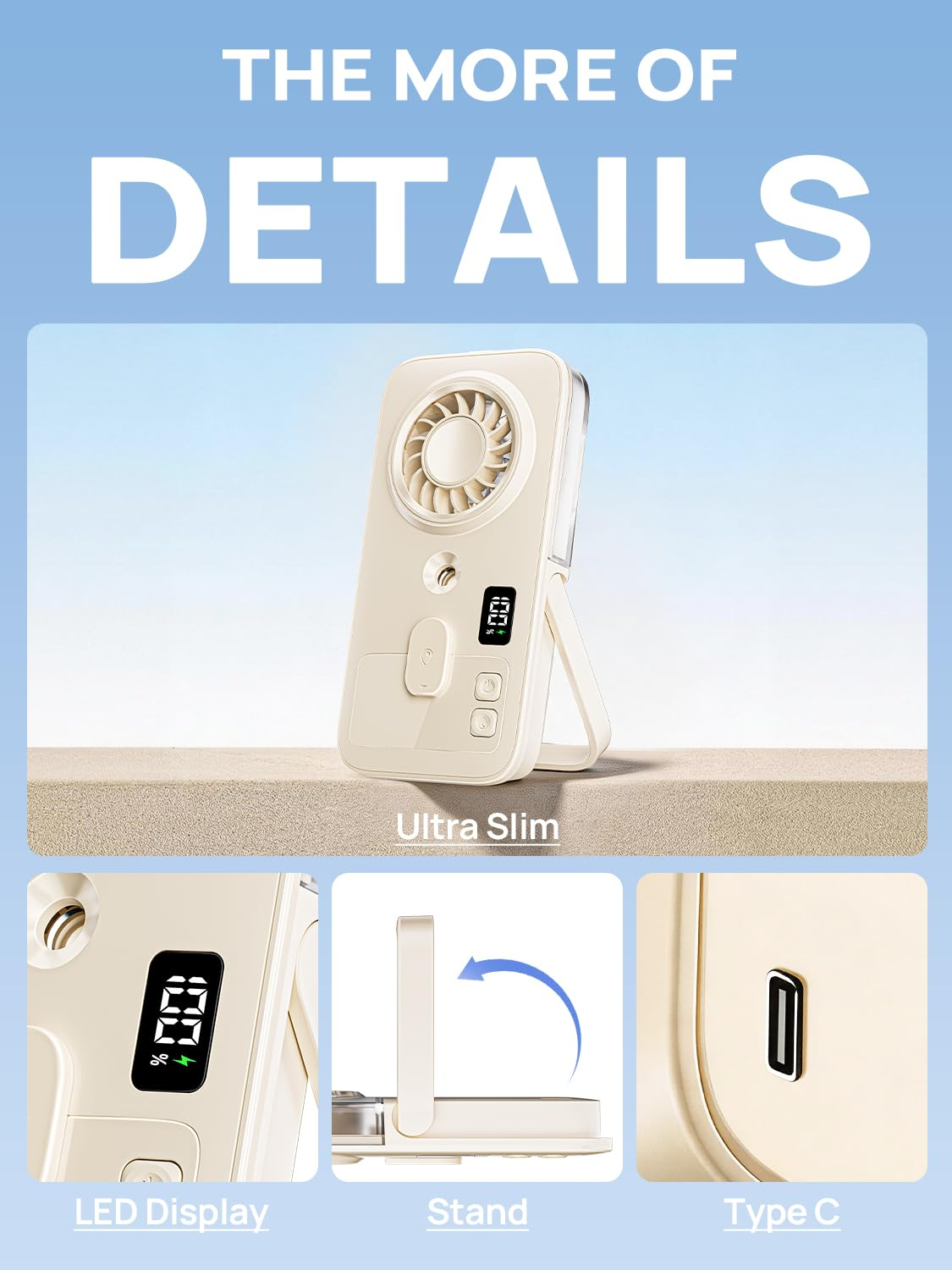 Ein beigefarbener Mini-Ventilator mit LED-Anzeige, Ständer und USB-C-Anschluss.