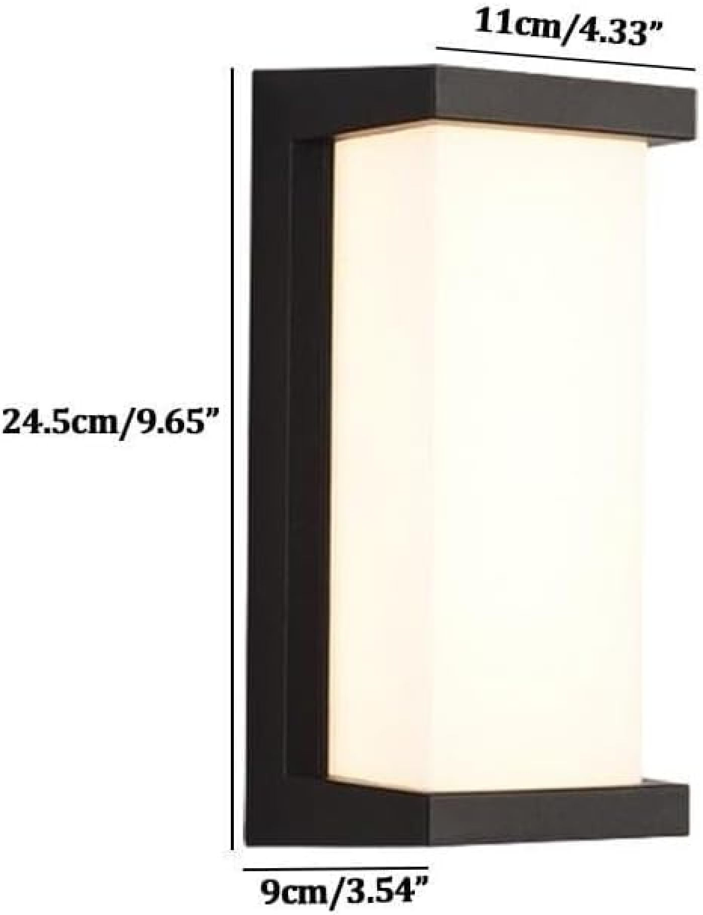 Eine schwarze Außenwandleuchte mit Milchglas, Maße angegeben.