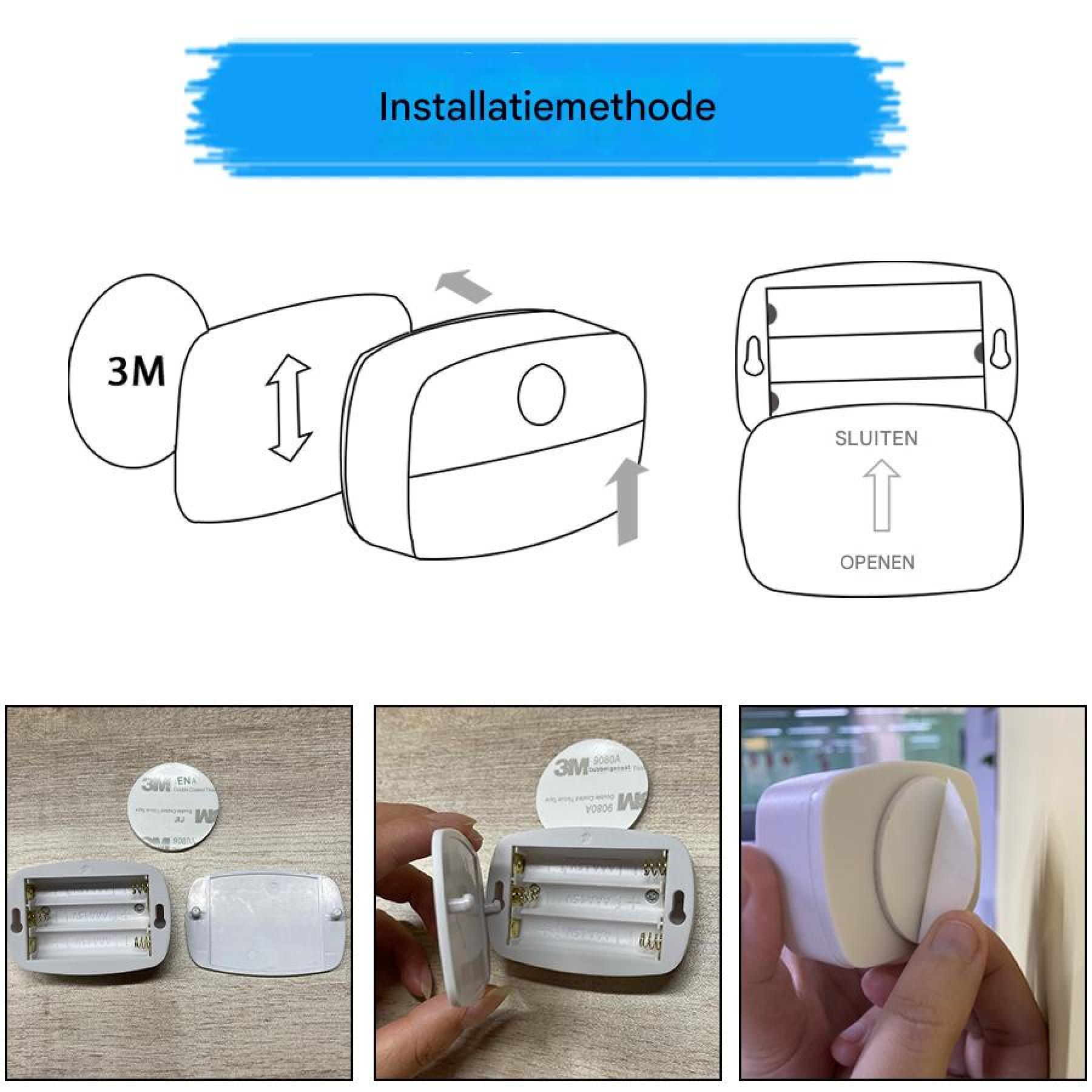 Installationsanleitung für ein Gehäuse mit Batteriefach und 3M-Klebeband.