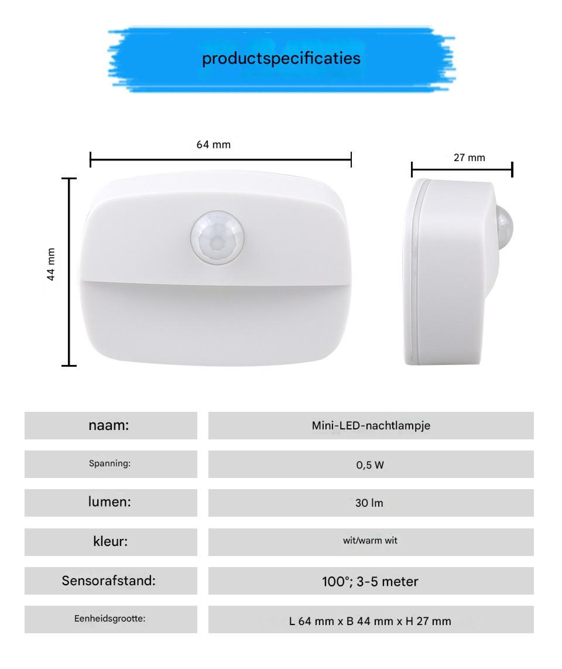 Ein weißer Mini-LED-Nachtlicht mit Sensor, 64x44x27mm.