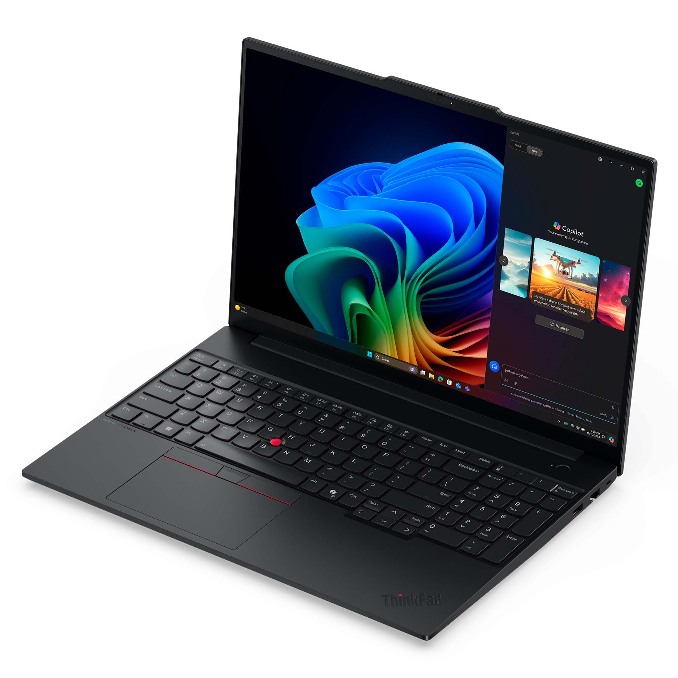 Ein schwarzes ThinkPad-Laptop mit blauem Hintergrund und Copilot-KI-Assistent.