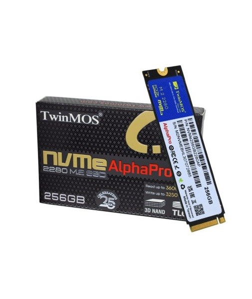 TwinMOS 256GB NVMe M.2 SSD ve üzerinde yazılar olan kutusu.