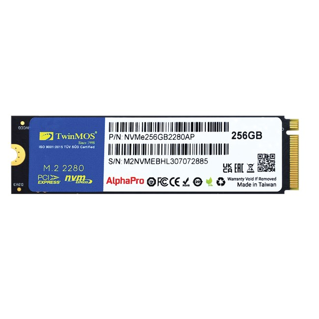 TwinMOS logolu ve özellikli 256GB M.2 NVMe SSD.
