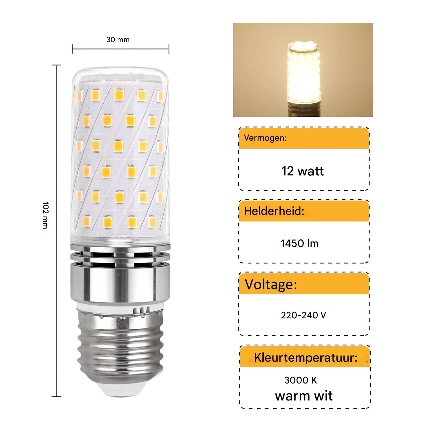 Eine LED-Lampe, 102 mm lang, 30 mm breit, 12W, 1450lm, 220-240V, warmweiß.