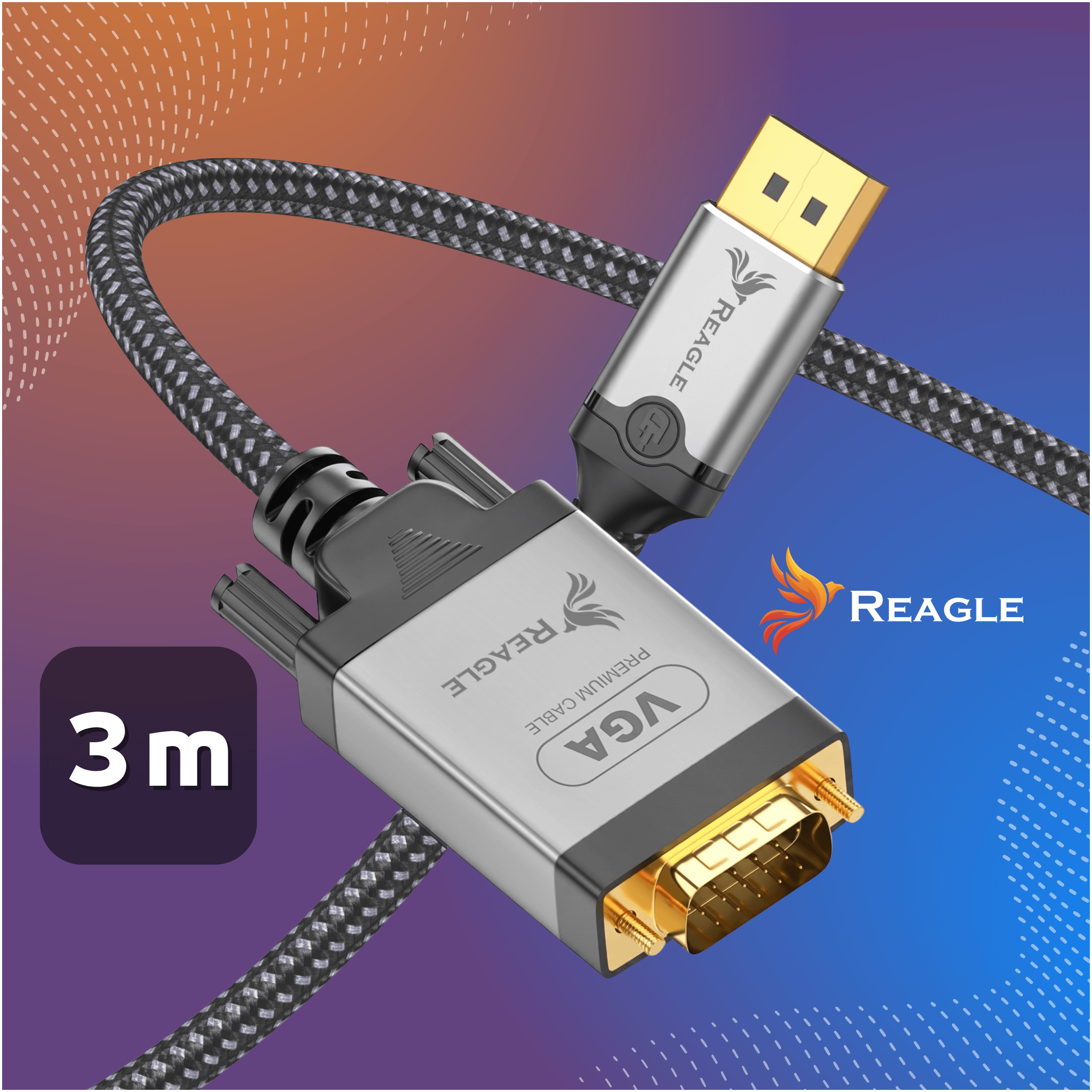 Kabel VGA na DisplayPort o długości 3m ze srebrnymi złączami i czarnym, plecionym kablem.
