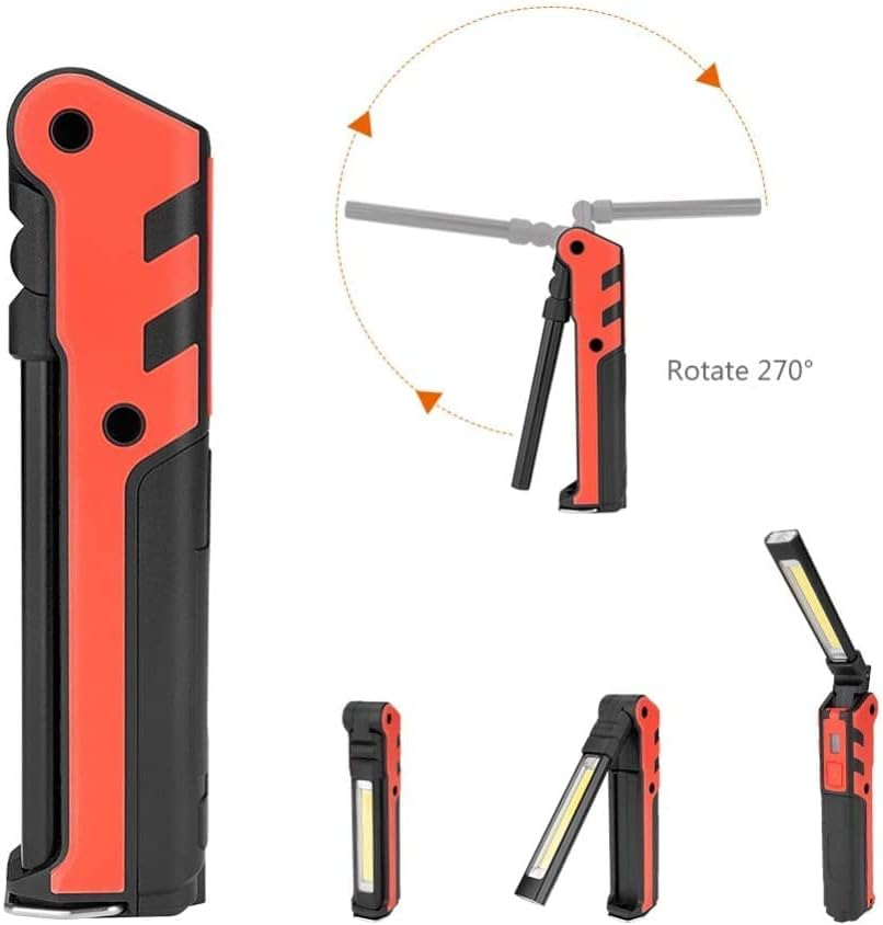 Ein rotes und schwarzes, klappbares LED-Arbeitslicht in verschiedenen Positionen.