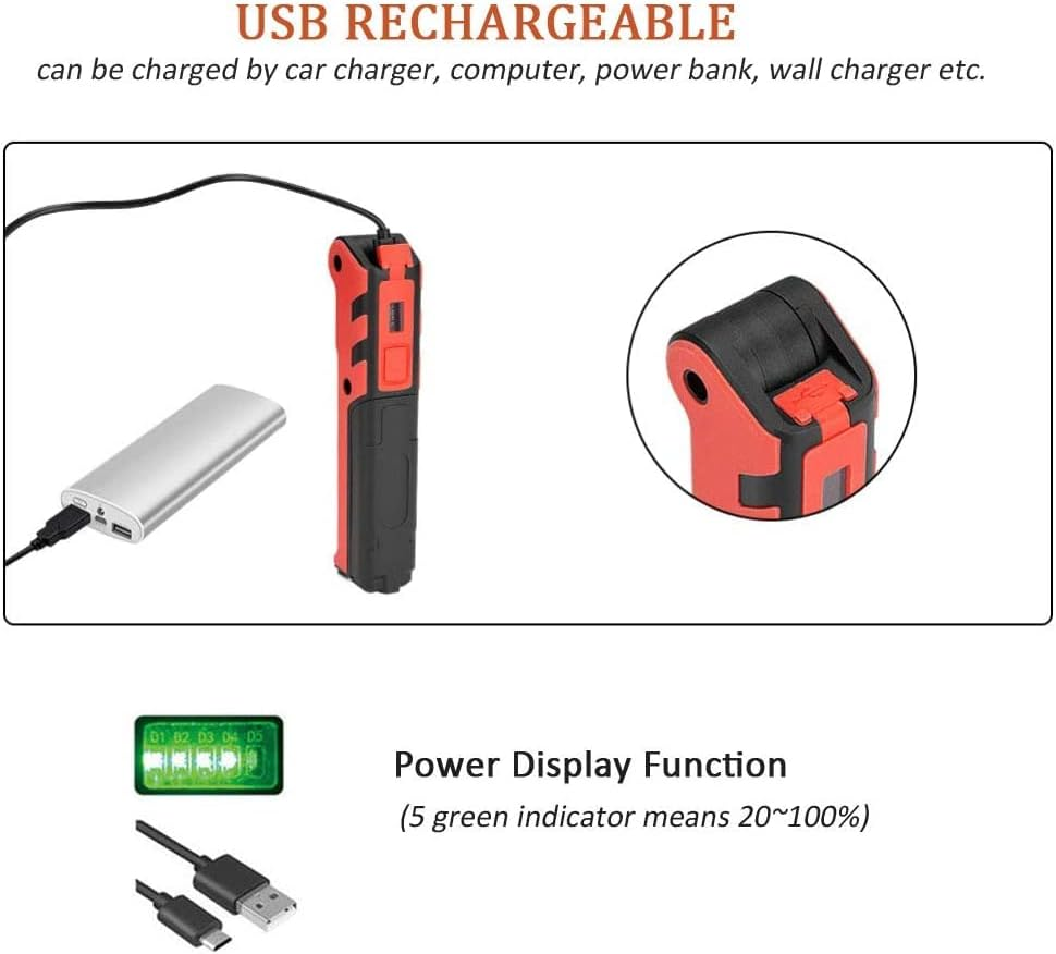 Ein rotes und schwarzes USB-Ladegerät wird mit einer Powerbank verbunden. Ein Detail zeigt den USB-Anschluss.