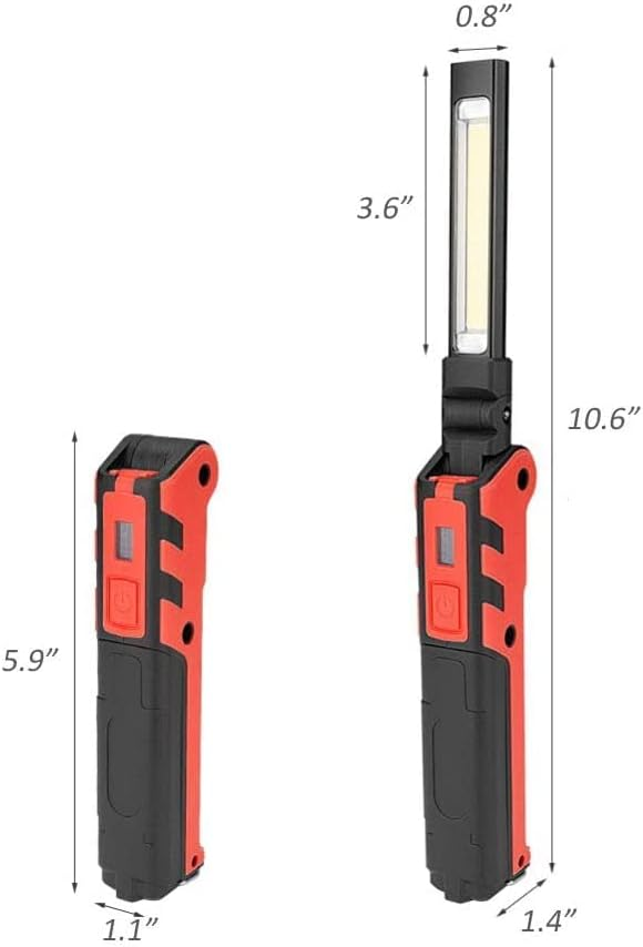 Zwei rote und schwarze Arbeitslampen, eine ausgeklappt, eine eingeklappt.