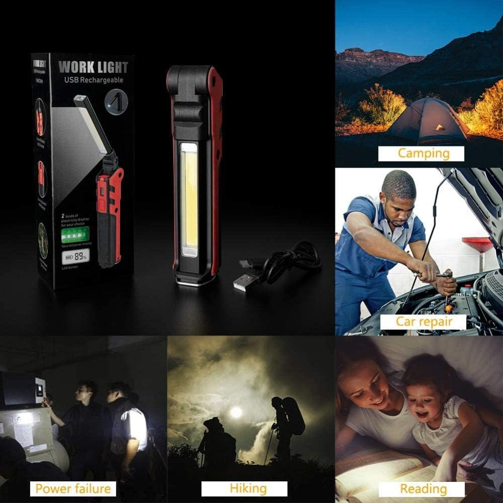 Collage einer Arbeitsleuchte und ihrer Anwendungen: Camping, Autoreparatur, Stromausfall, Wandern, Lesen.
