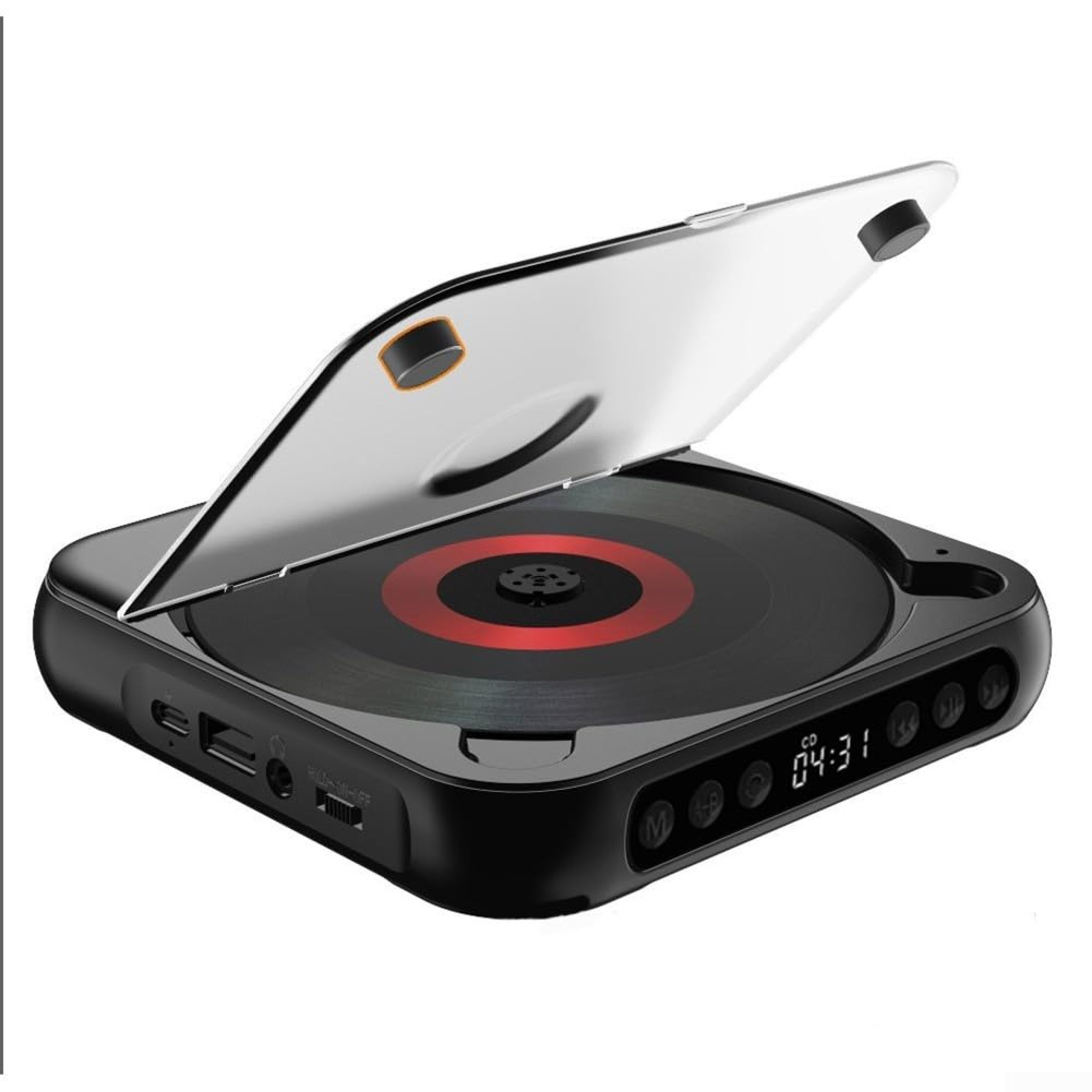 Schwarzer tragbarer CD-Player mit geöffnetem Deckel und rotem Ring auf der CD.