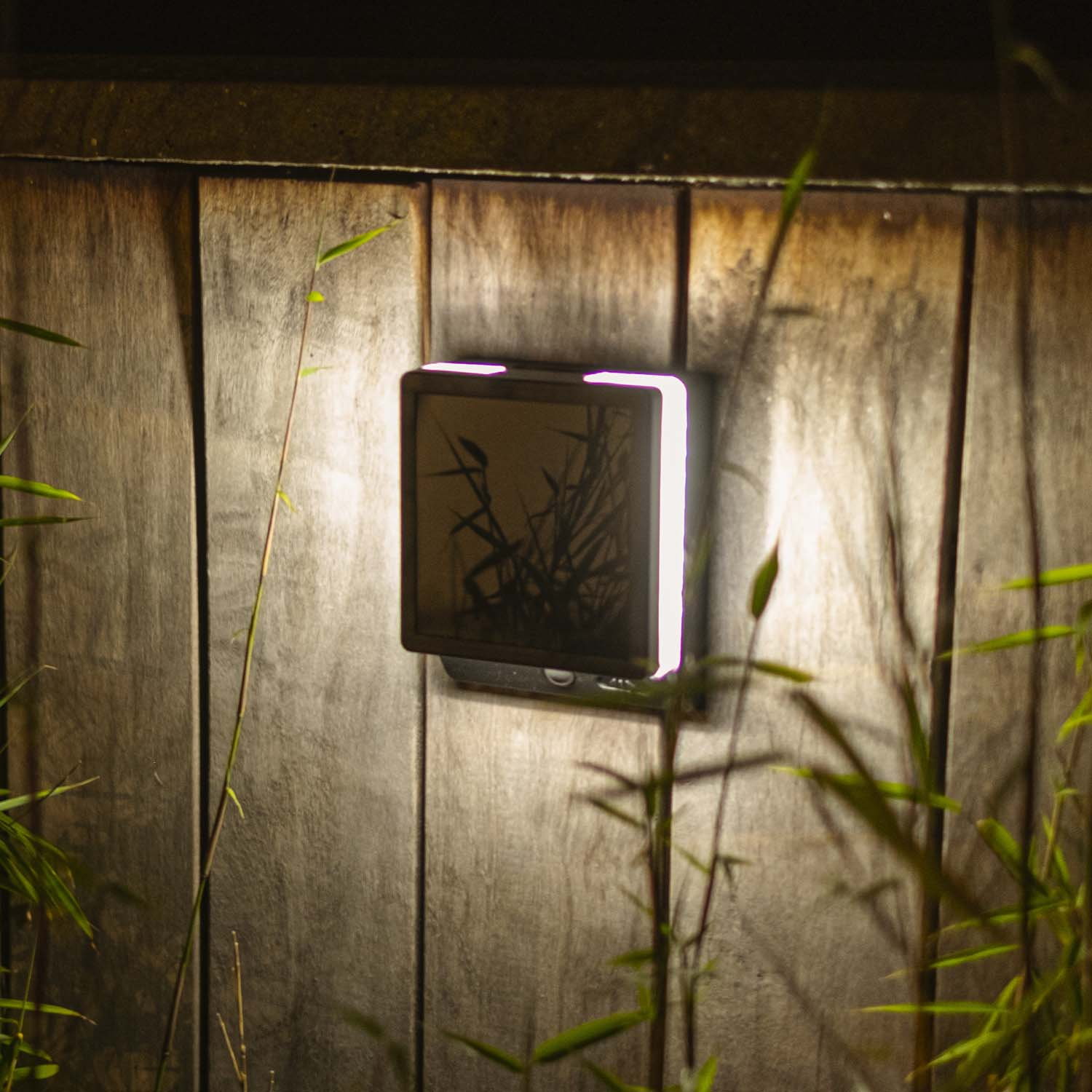 Eine moderne quadratische Lampe mit violettem Licht leuchtet auf einen Holzzaun.