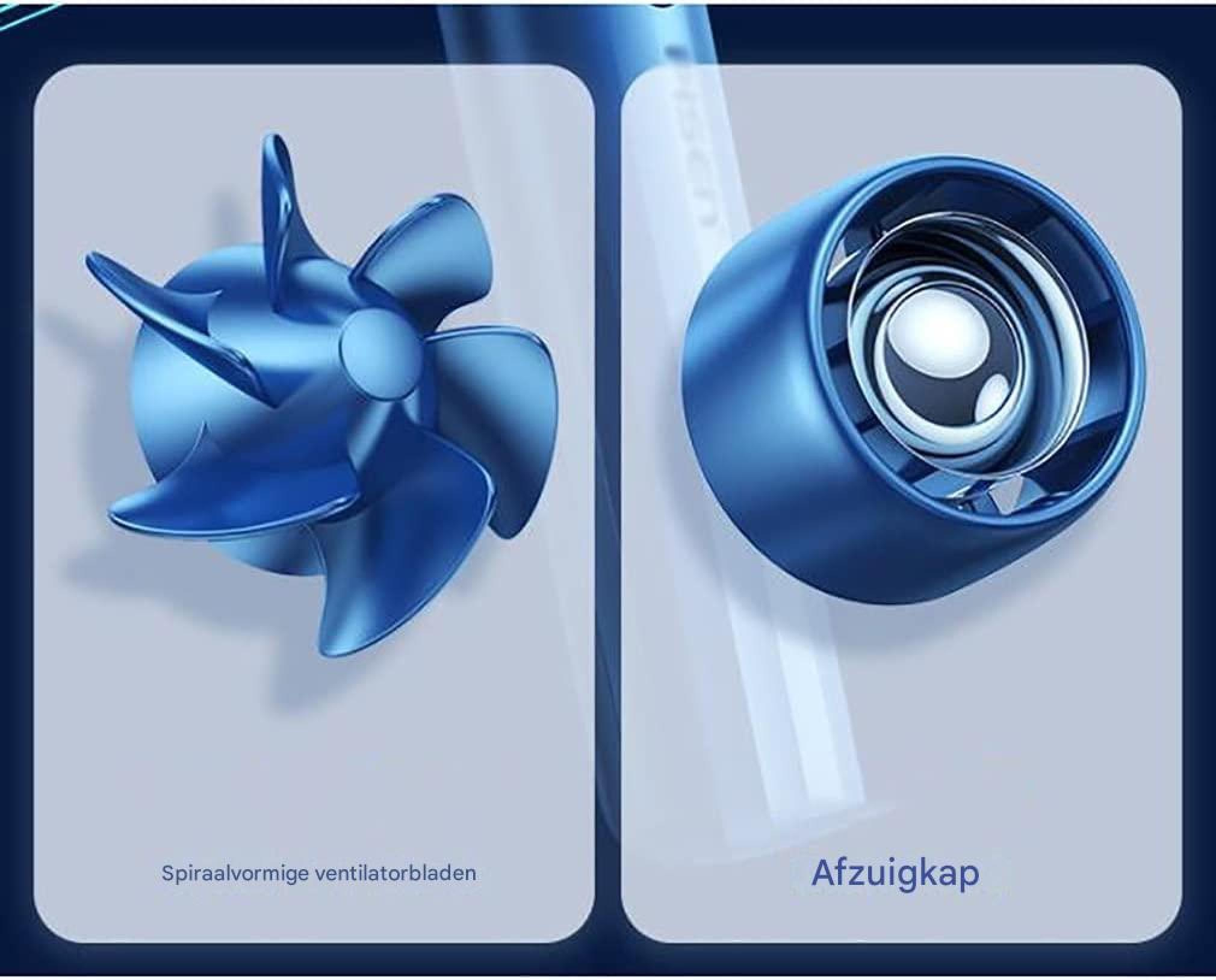 Blaue Lüfterblätter und eine Ansicht von oben auf einen Lüfter.