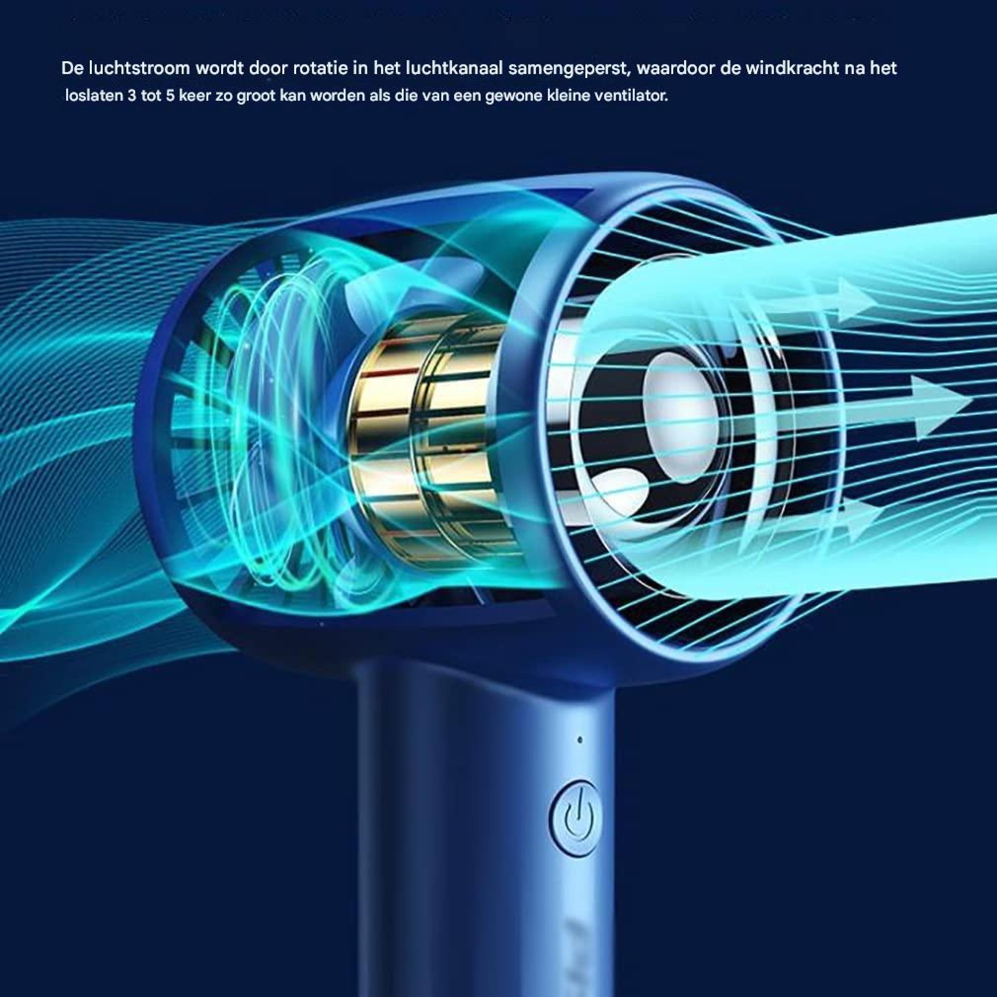 Blauer Ventilator mit blauem Luftstrom, der durch Rotation komprimiert wird.