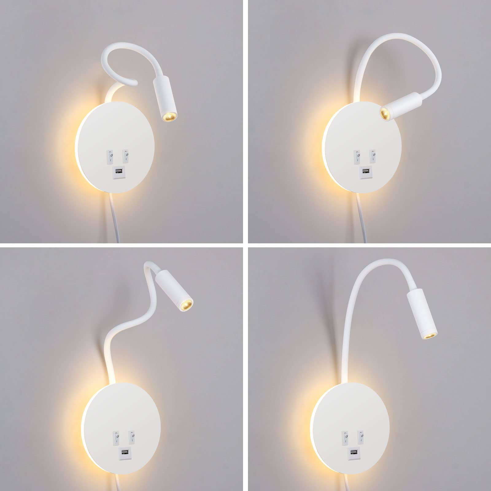 Weiße Wandleuchte mit Schwanenhals, USB-Anschlüssen und Schaltern.