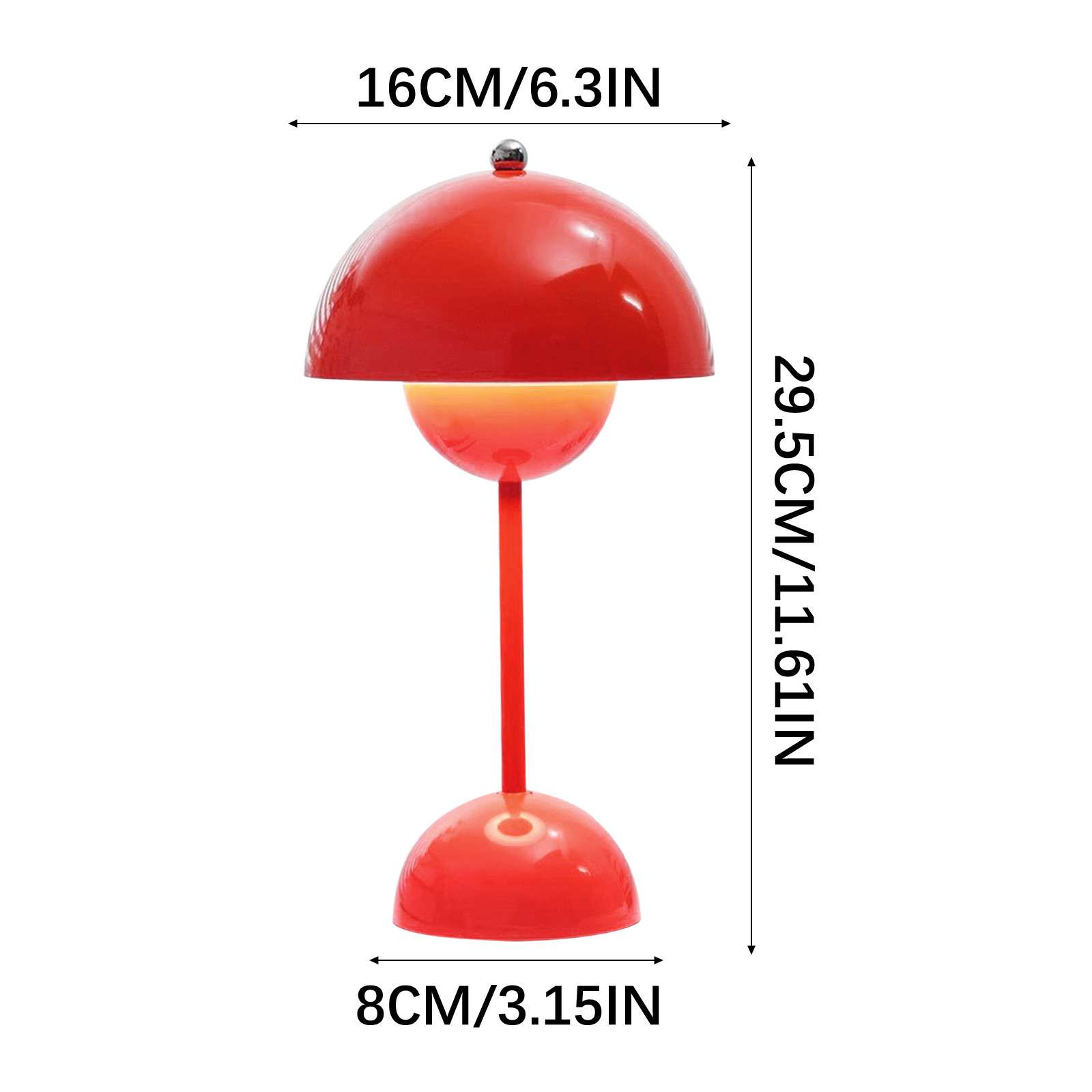 Eine rote Pilzlampe mit Metallkugel oben und Maßen.