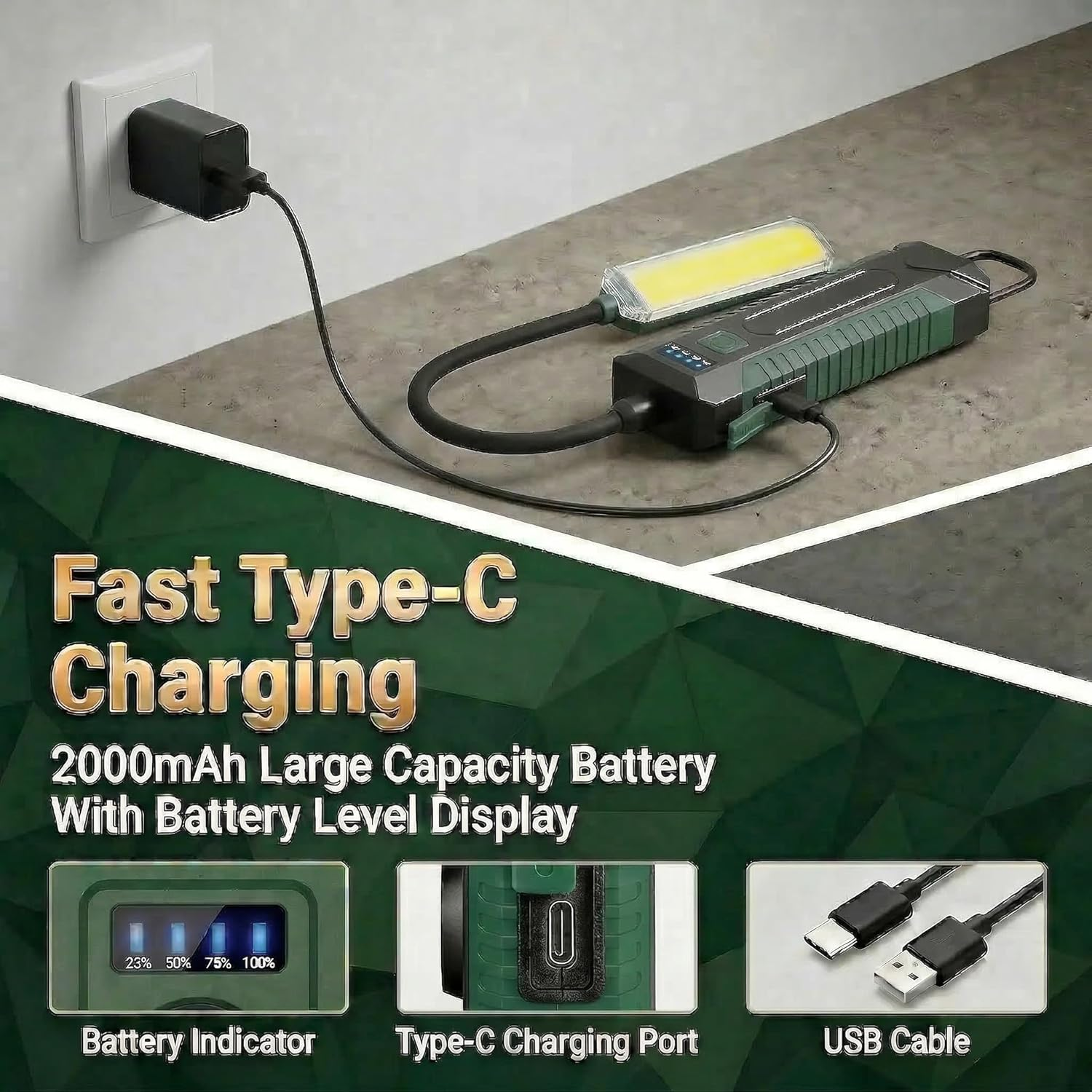 Ein tragbares Licht wird über USB-C aufgeladen, mit Ladeanzeige.