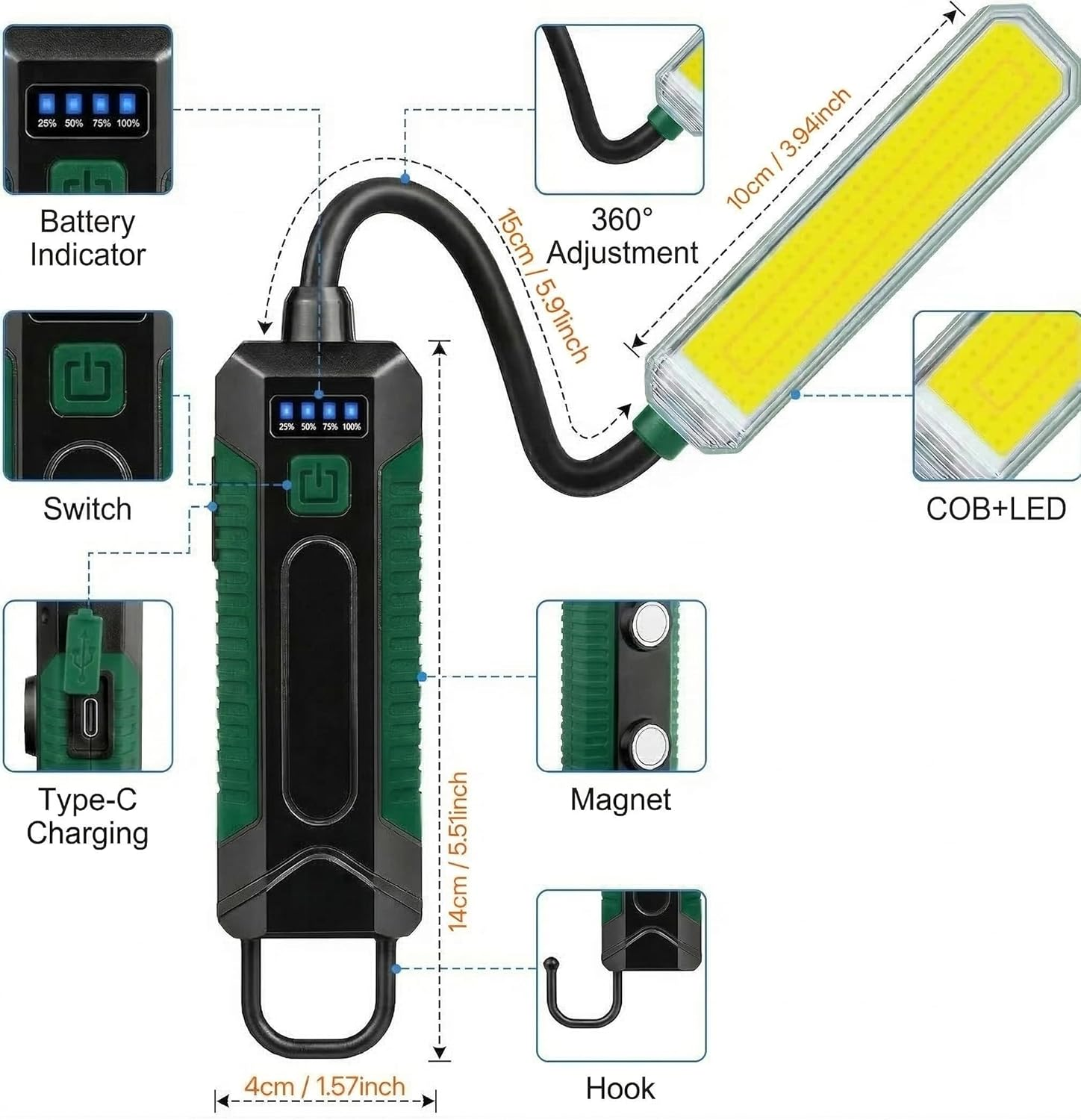 Ein tragbares LED-Licht mit Akkuanzeige, USB-C-Ladeanschluss, Magnet und Haken.