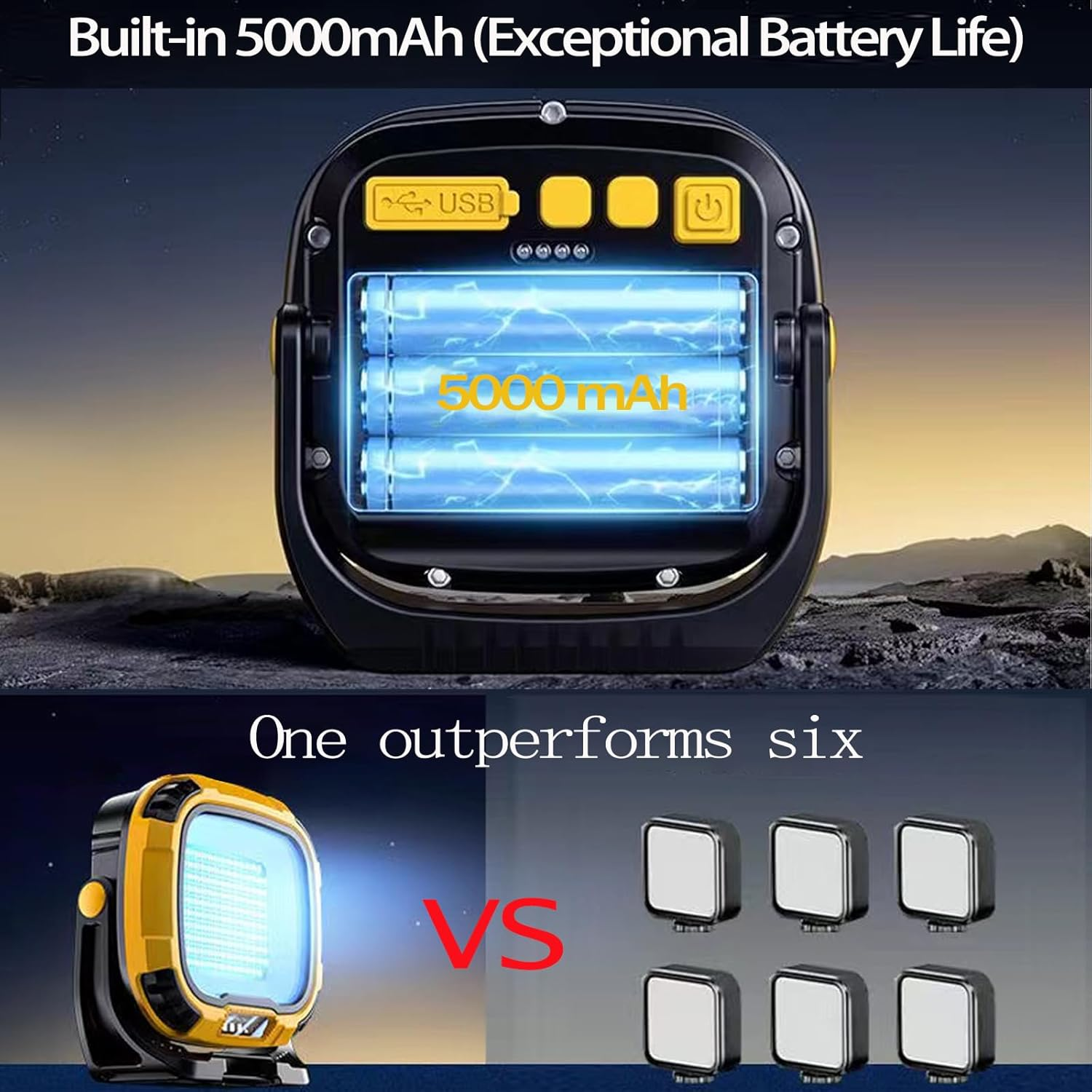 Ein tragbares Licht mit 5000mAh Akku und USB-Anschluss im Vergleich zu sechs kleineren Lichtern.