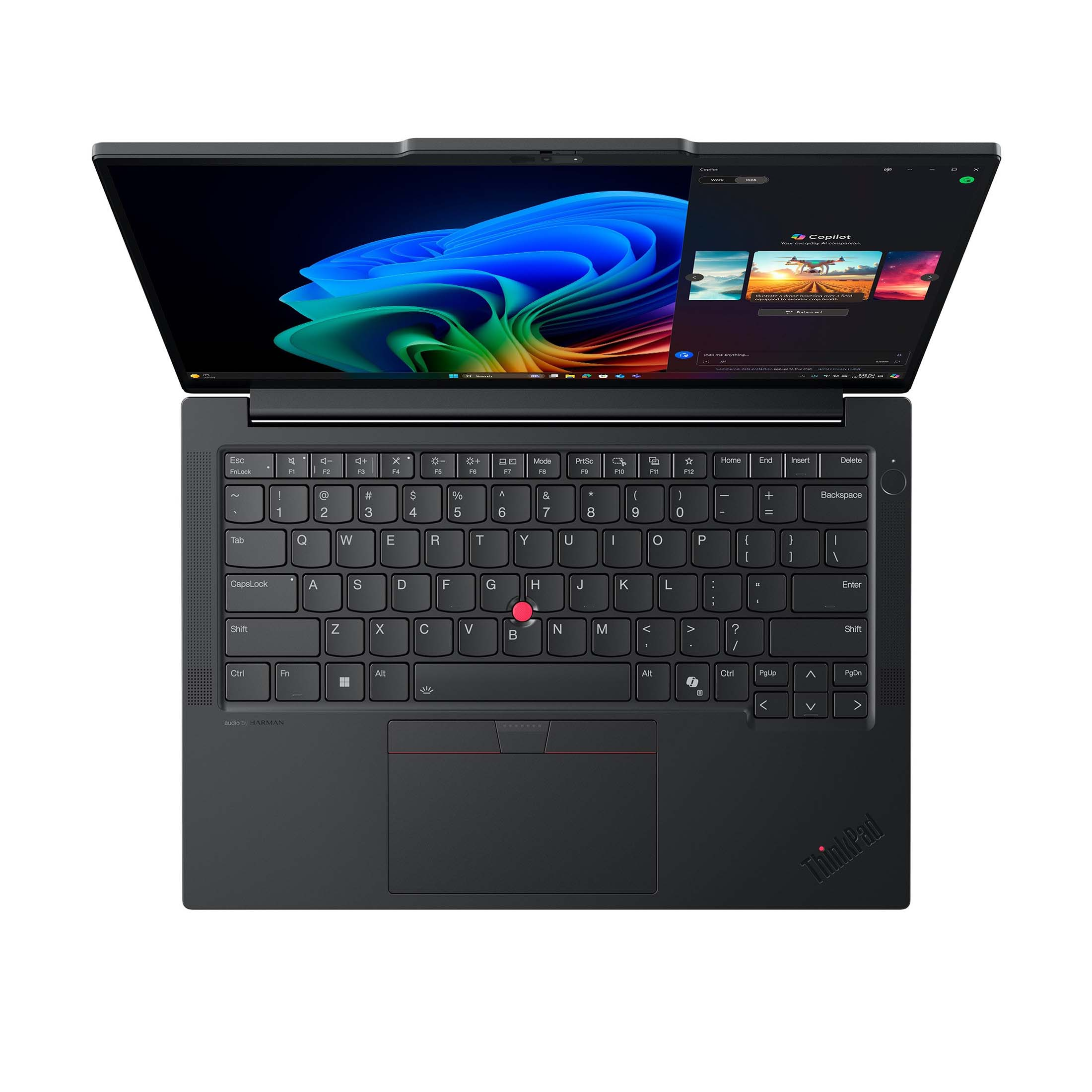 Ein dunkler Laptop mit geöffnetem Bildschirm, der eine bunte Tapete und ein KI-Tool zeigt.