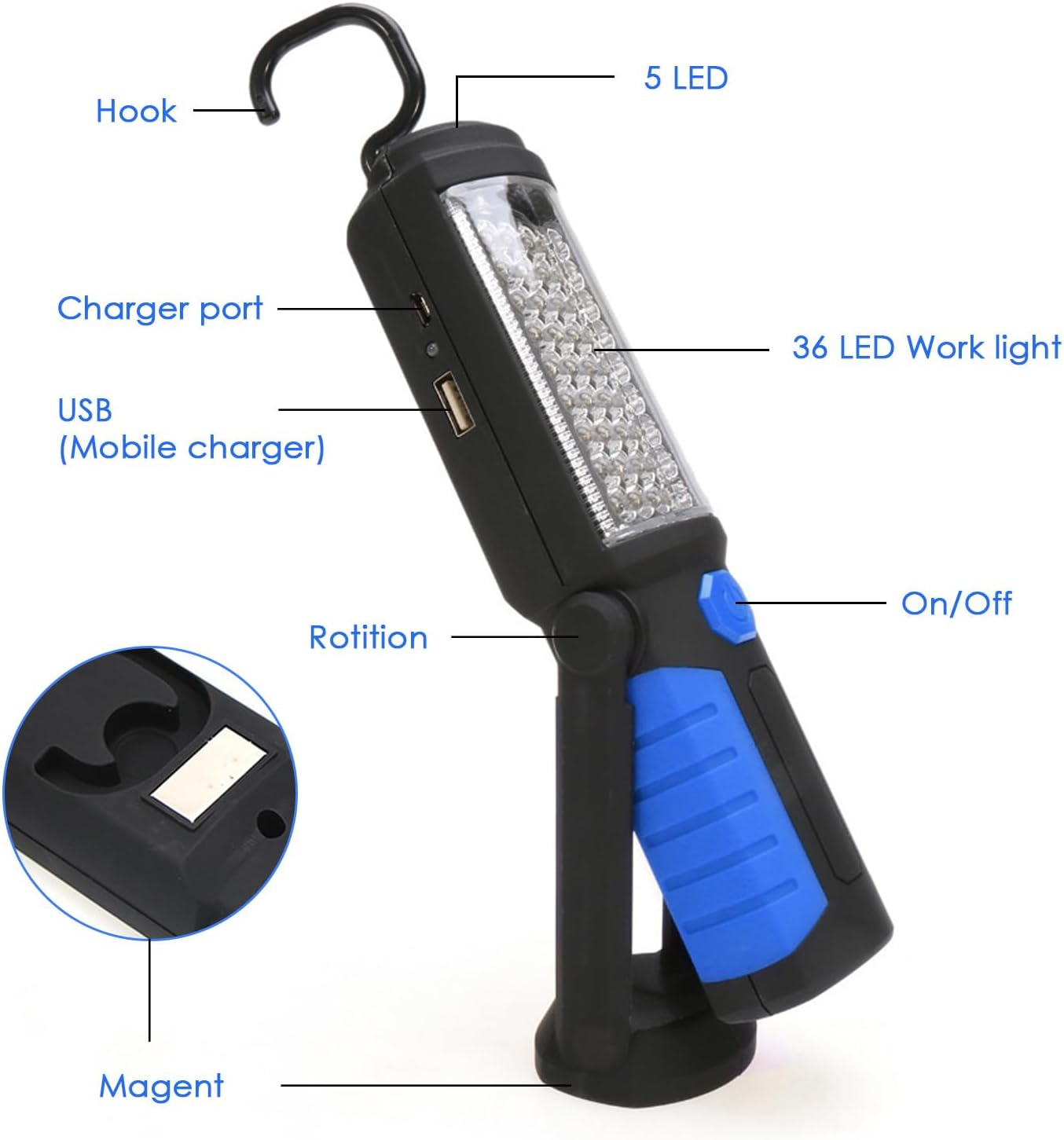 Schwarze Arbeitsleuchte mit Haken, USB-Anschluss, 36 LEDs und blauem Griff. Magnetfuß.