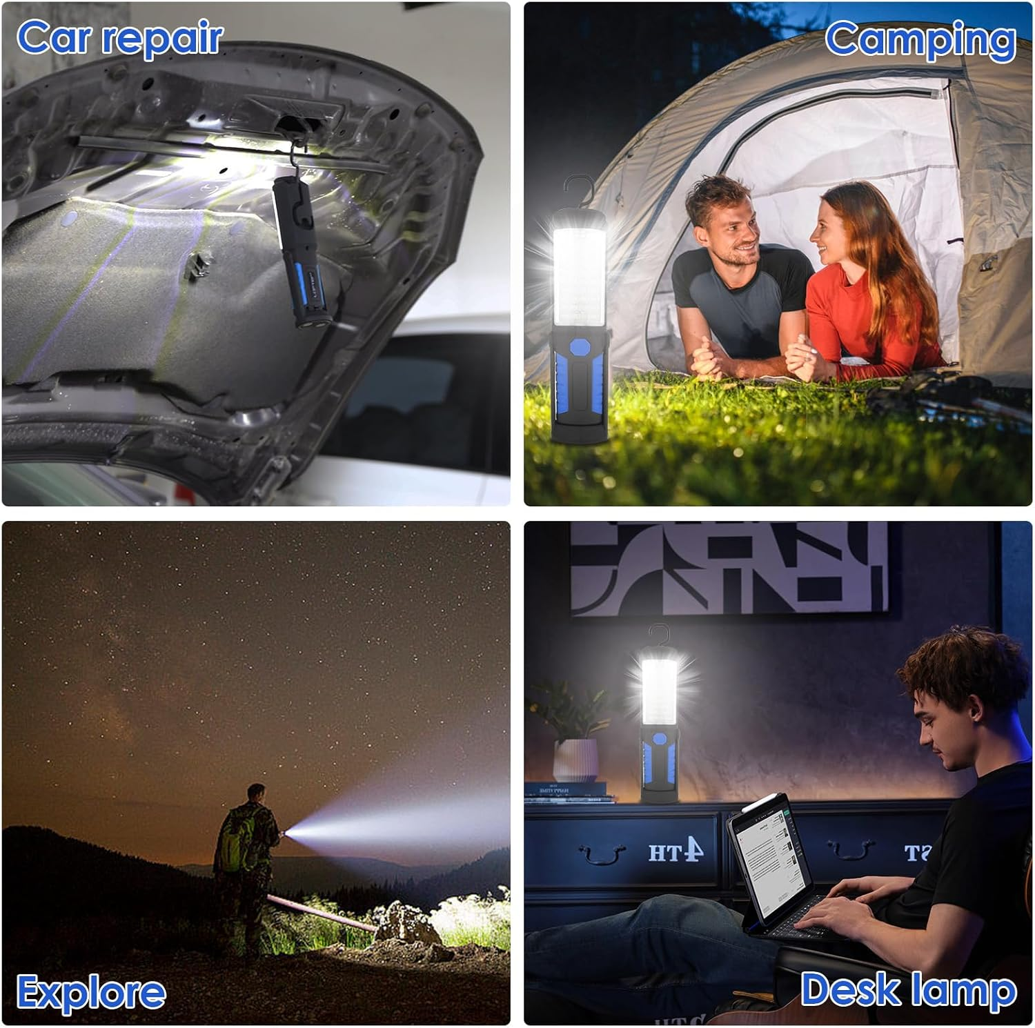 Vier Szenen: Autoreparatur, Camping, Erkundung, Schreibtischlampe.