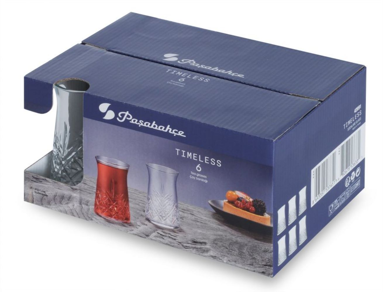 Desenli Paşabahçe Timeless 6'lı çay bardağı kutusu.