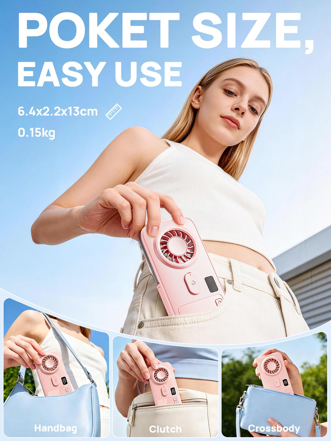 Eine Frau hält einen rosa Lüfter. Er passt in eine Tasche, Handtasche, Clutch oder Umhängetasche.