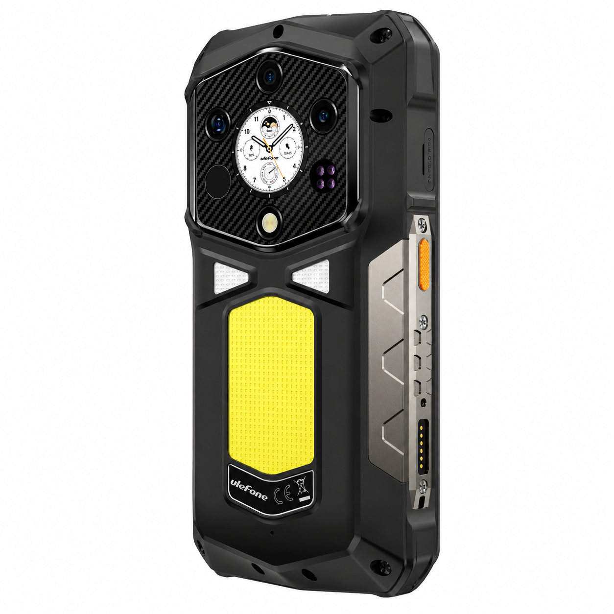 Robusto smartphone nero con accento giallo e fotocamere posteriori.