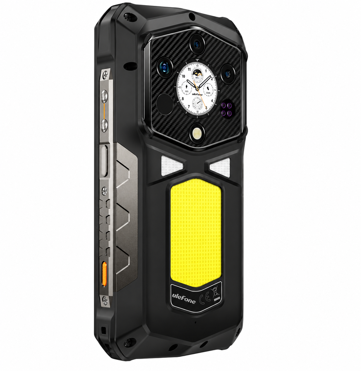 Smartphone robusto nero con pannello luminoso giallo e diverse fotocamere sul retro.