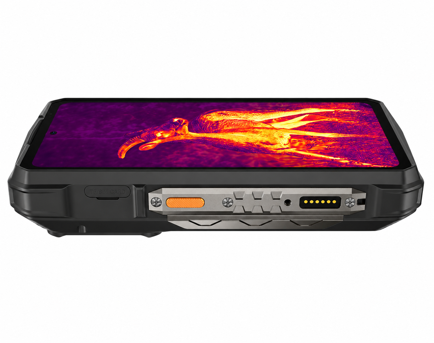 Smartphone robusto con display termico, porte laterali visibili.