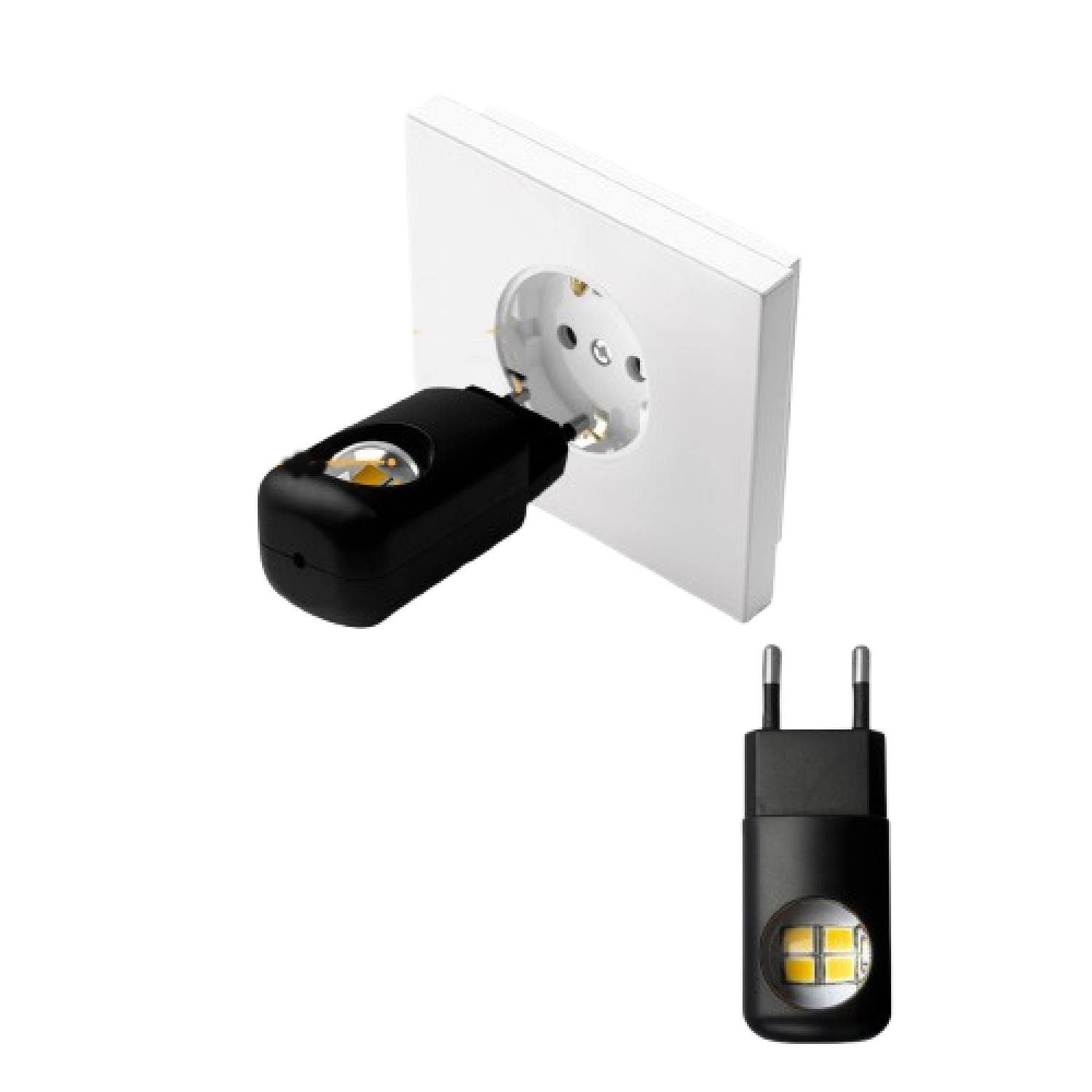 Ein schwarzer Stecker mit LED-Licht wird in eine weiße Steckdose gesteckt.