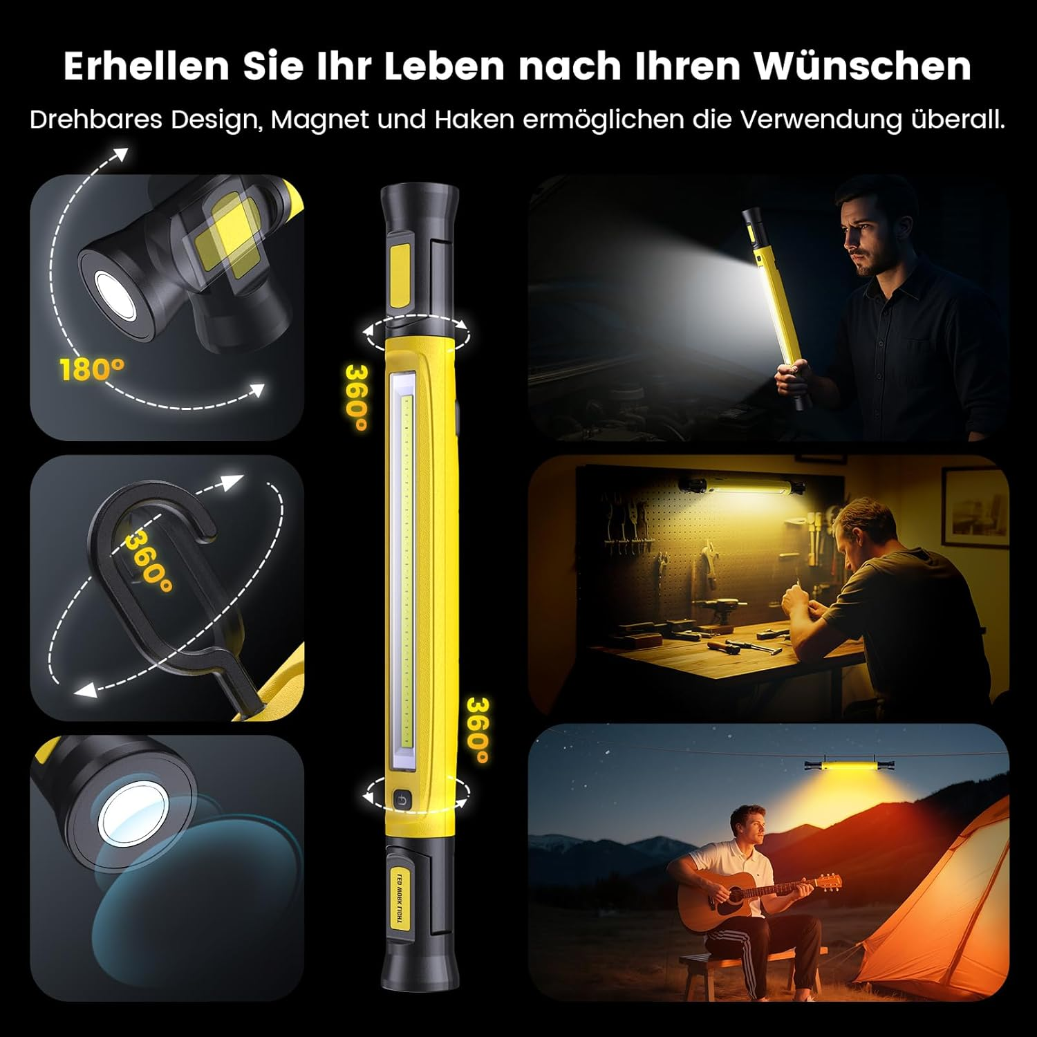 Gelbe Lampe mit drehbarem Kopf, Haken, Magnet, Mann im Dunkeln, Werkstatt, Camping.