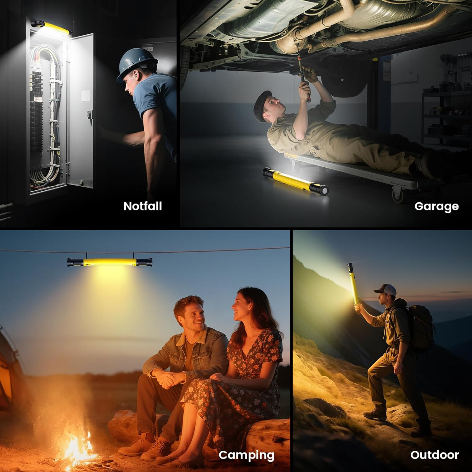 Vier Szenen: Elektriker, Automechaniker, Camper am Lagerfeuer, Wanderer.