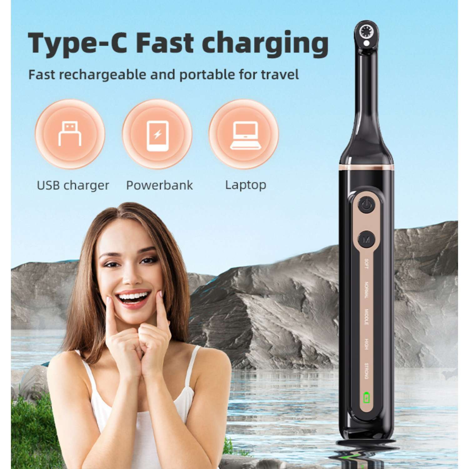 Schwarzes Ladegerät mit drei Symbolen: USB, Powerbank, Laptop. Lächeln Frau.