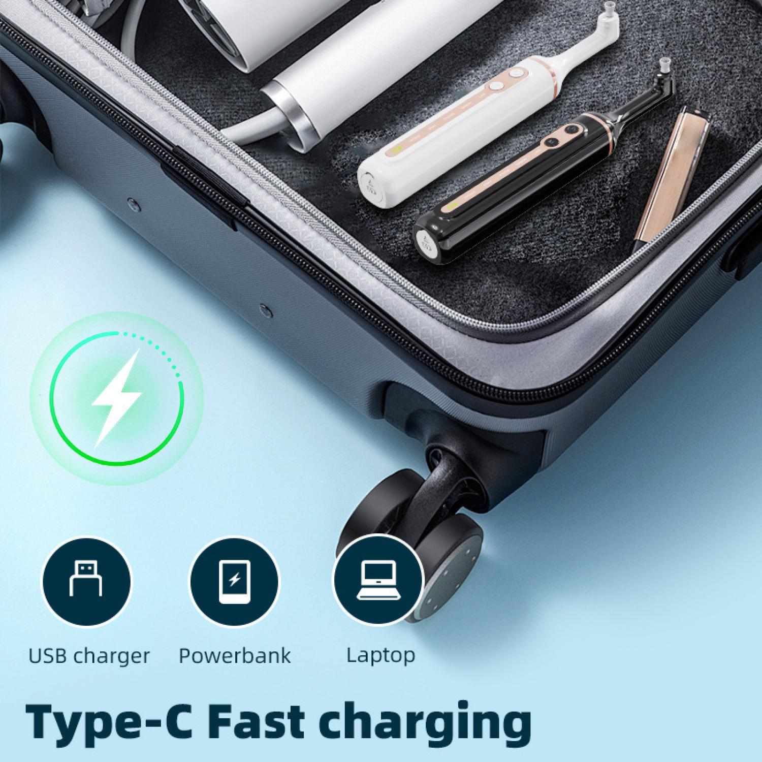 Ein offener Koffer mit Ladegeräten und Zubehör. Beschriftung: USB-Ladegerät, Powerbank, Laptop, Typ-C Schnellladung.