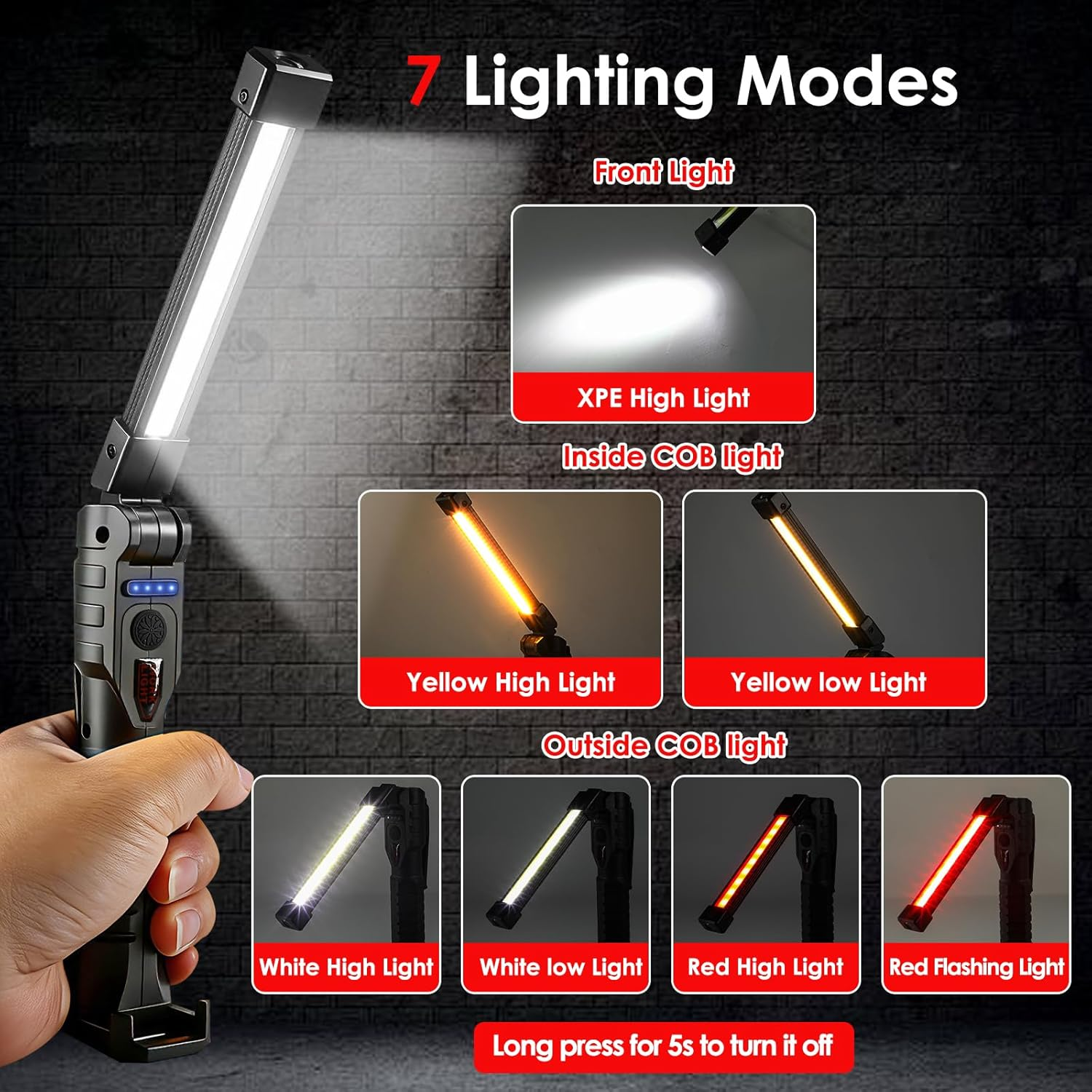 Eine Hand hält eine Lampe, die 7 Lichtmodi zeigt: Frontlicht, gelb, weiß und rot.