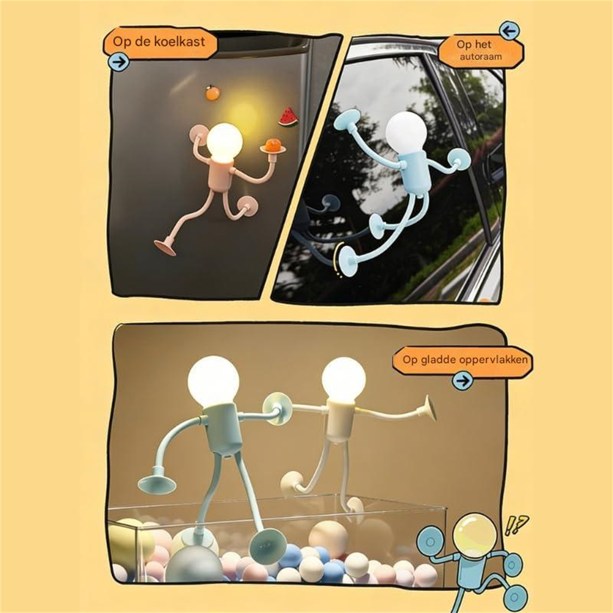 Lichtfiguren auf Kühlschrank, Autorfenster und in Bällchenbad.
